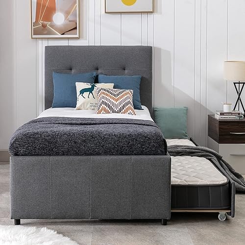 civama Base de cama de tamaño individual con cama nido marco de plataforma tapizado de lino con soporte de listones de madera sofá cama de tamaño