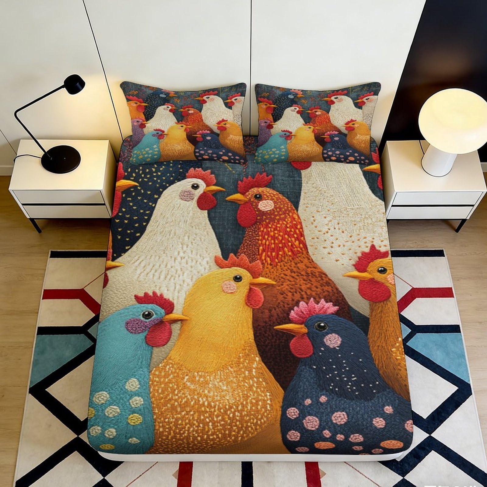 3D Printed Colorful Rooster Fitted Sheet Microfiber Soft Breathable Chicken Pattern Bed Cover for Bedroom Dormitory Guest Room Mattress Protection 140x200x25cm
