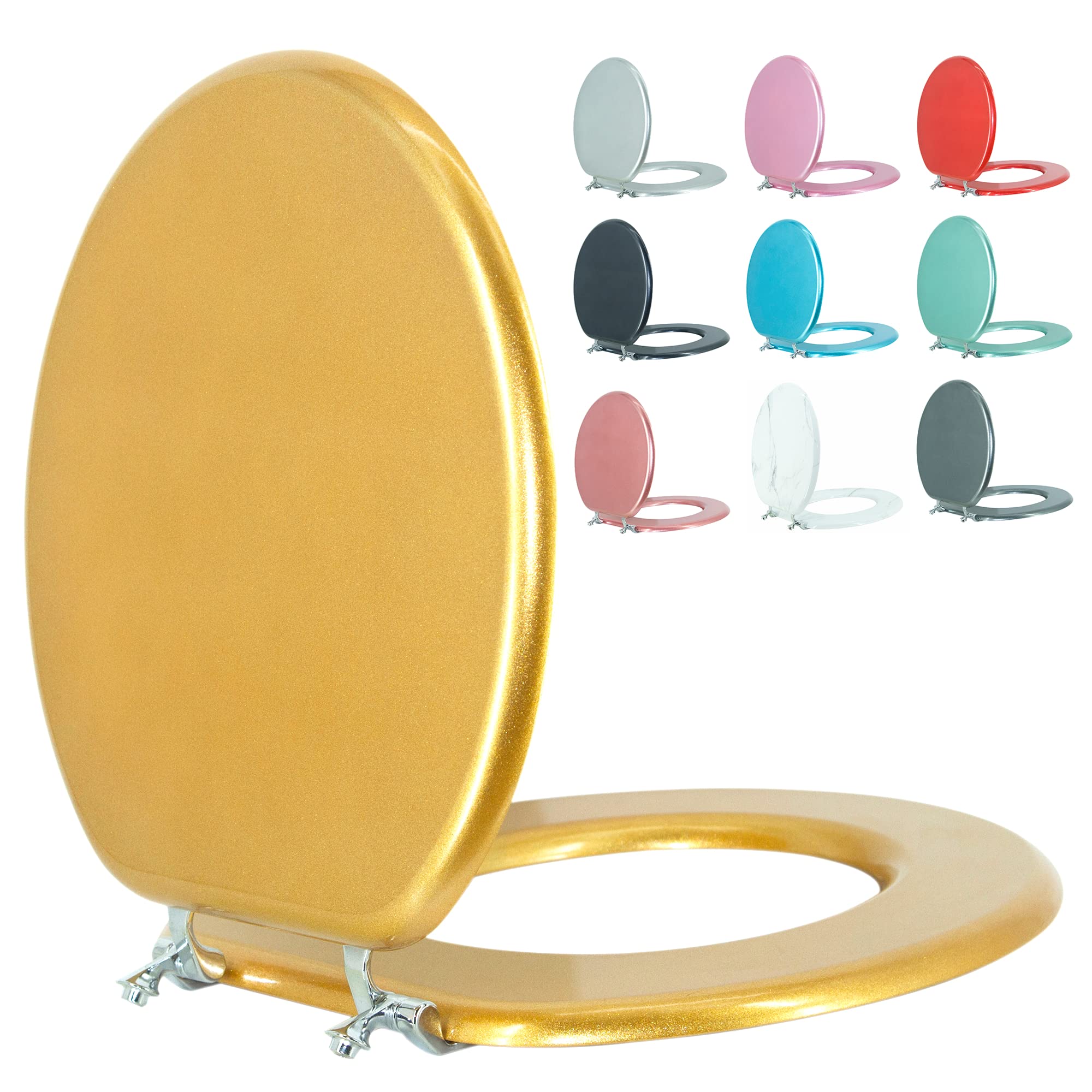 BLOFDE Round Toilet Seat Wood Toilet Seat Prevent Shifting with Zinc Alloy Hinges American