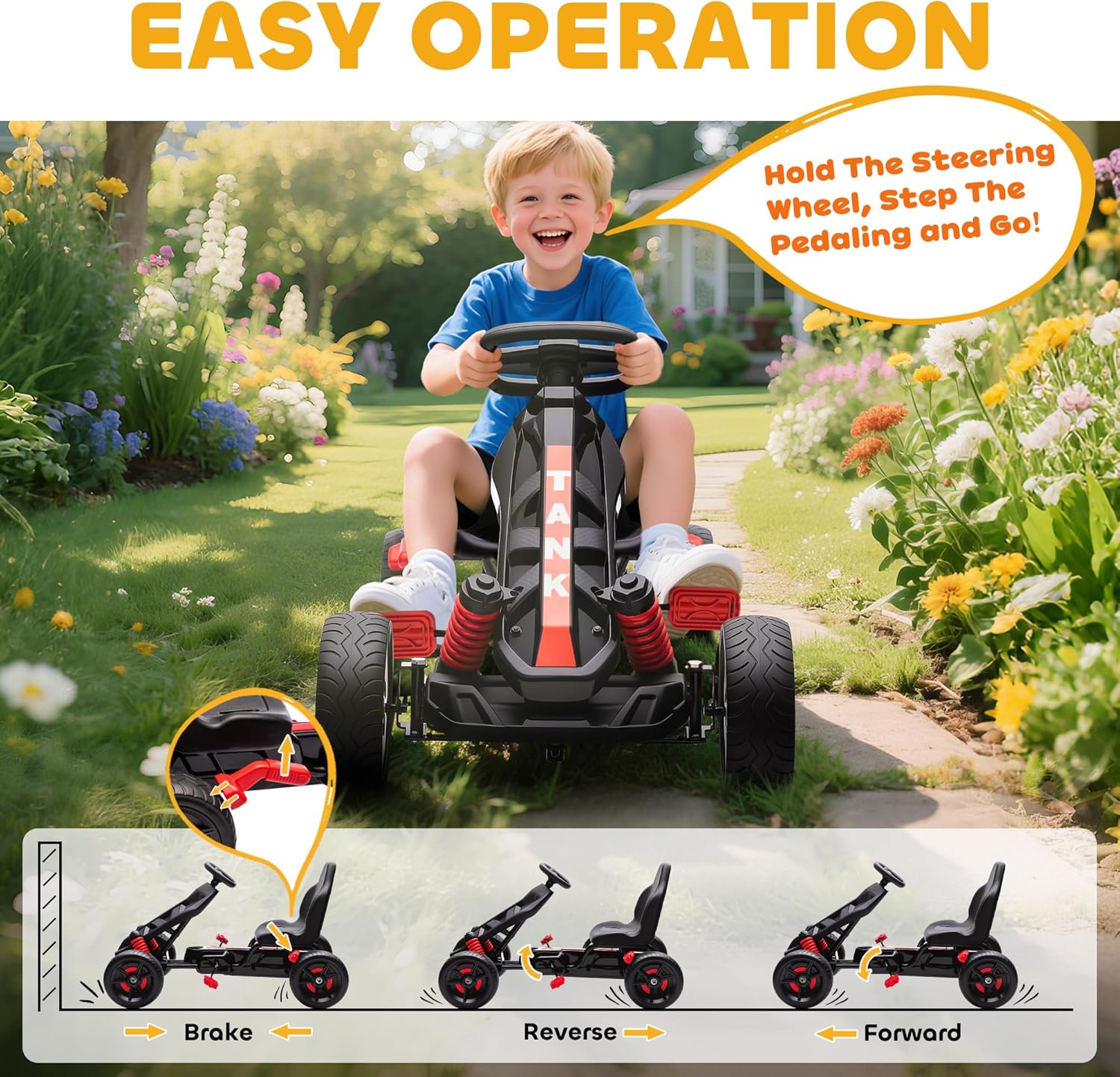 Pedal Go-Kart for Kids, Kid Karting with Free Wheel, Brake, EVA Non-Slip Wheels, Forward and Backward, Pedal Car for Boys Girls 3-6 Years, Red