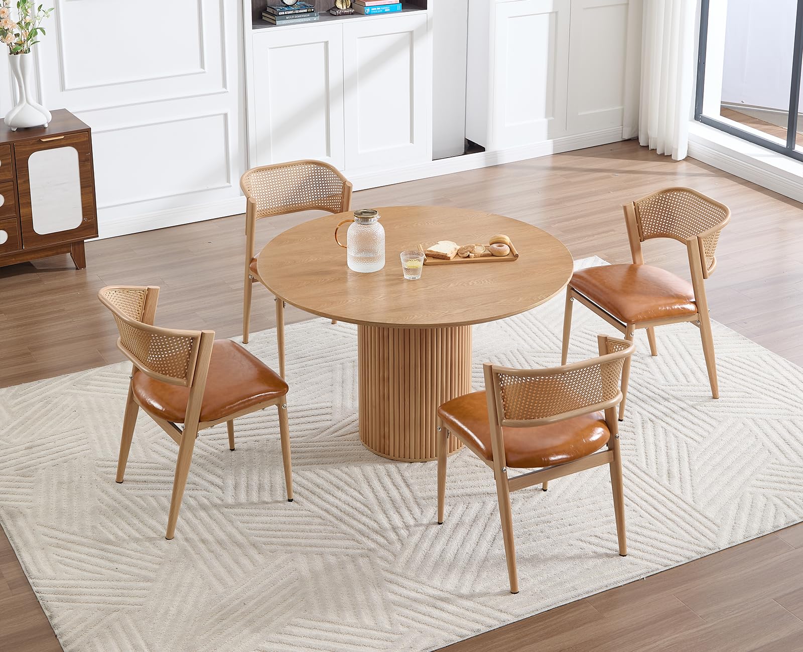 chairus 2PCS Sillas de Comedor de Madera con Respaldo de Ratán, Marrón | Asiento de Cuero PU, Sin Brazo, Estilo Moderno, Para Restaurante