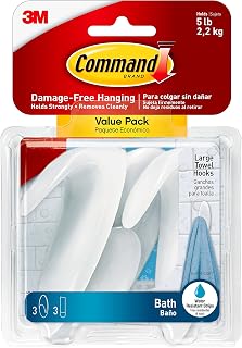 Command Bath Large Towel Hooks Value Pack - 3 Clear Frosted Hooks & Water-Resistant Strips for Damage-Free Bathroom Organization
