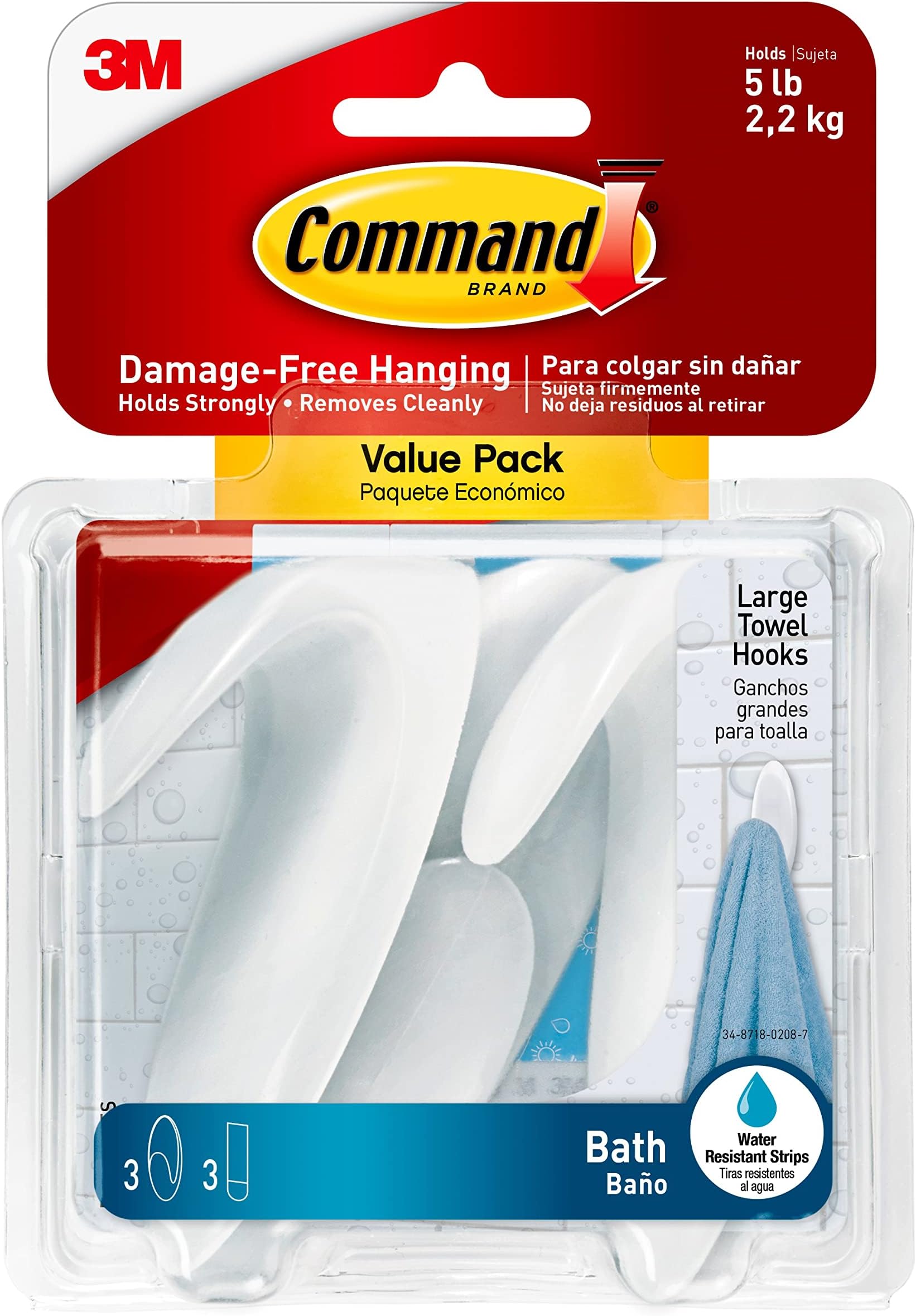 Command Bath Large Towel Hook Value Pack, Clear Frosted, 3-Large Hooks, 3-Water-Resistant Strips, Organize Damage-Free