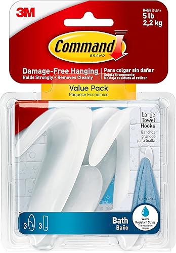Command Bath - Gancho grande para toallas, paquete de valor, transparente con acabado helado, 3 ganchos grandes, 3 tiras resistentes al agua,