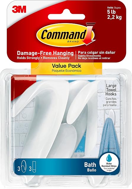 Command BATH17-3ES Large Towel Hooks, Value Pack, 3-Hooks, 3-Large Water-Resistant Strips by Command