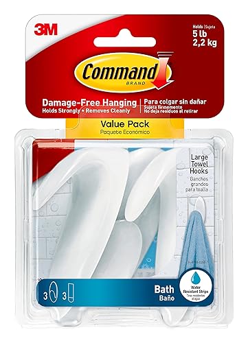 Command Bath Large Towel Hook Value Pack, Clear Frosted, 3-Large