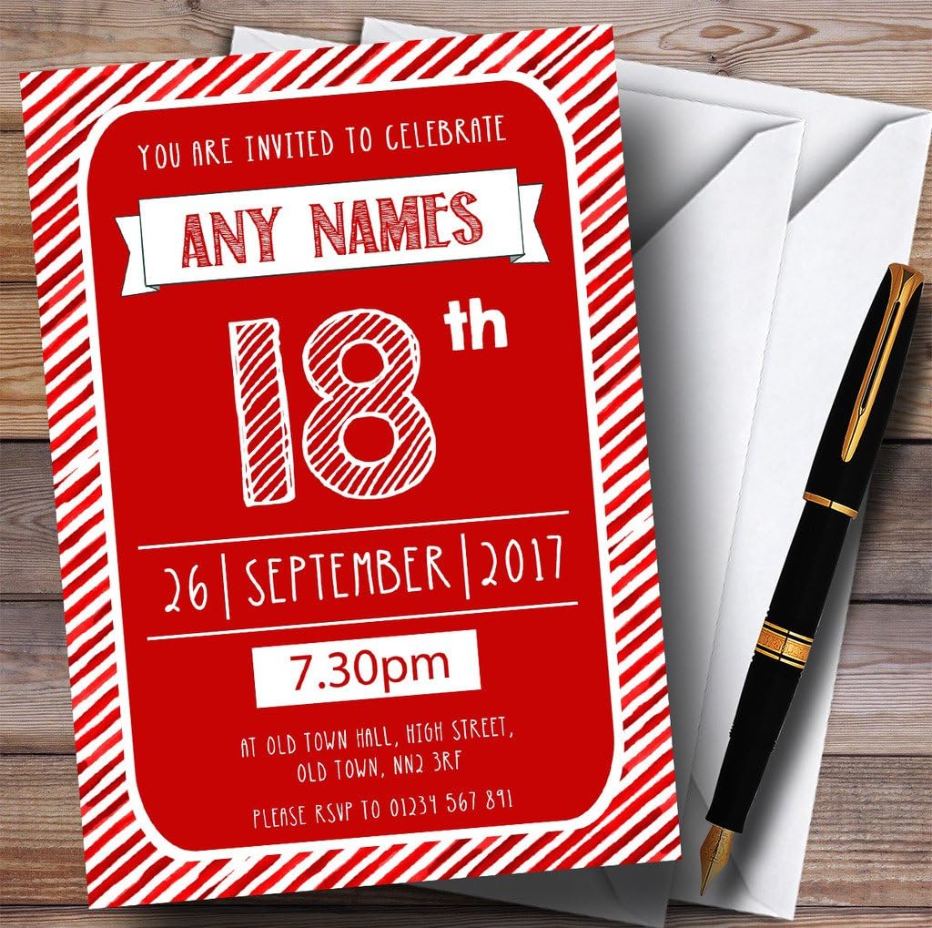 Red & White Stripy Deco 18th Personalized Birthday Party Invitations