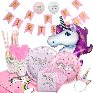 116PCS Disposable Tableware Set Includes Tablecloths, Plates, Napkins, Straws, Cups, Balloons for Baby Shower,Birthday Party, Picnic, Serve 16 Guests Rainbow Unicorn Theme Decoration Supplies Set