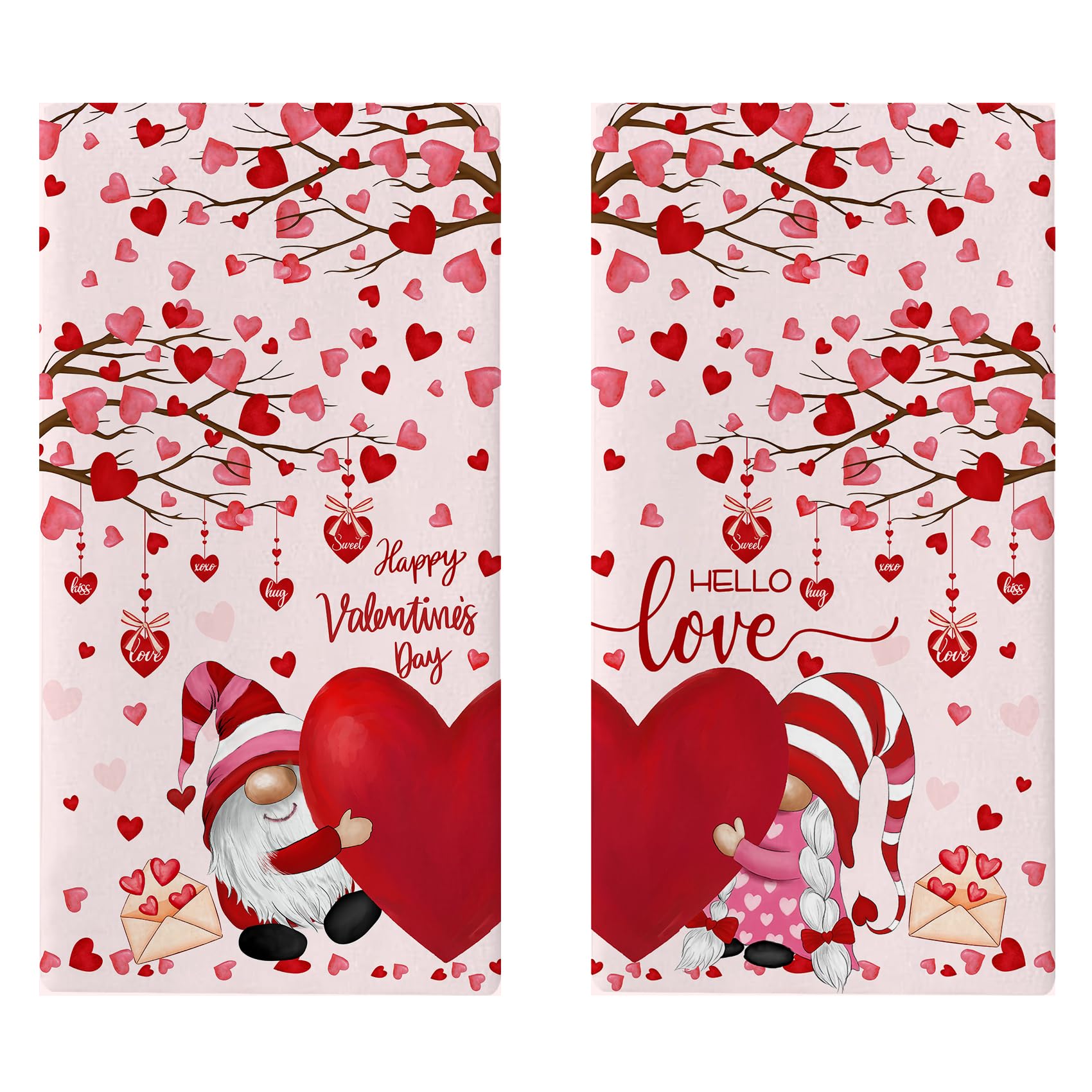 Happy Valentine's Day Kitchen Towels,Gnomes Red Heart Pink Soft Kitchen Dish Cloth Love Heart Tree Cotton Tea Towels/Bar Towels/Hand Towels, 2 Pack 18x28 Inches