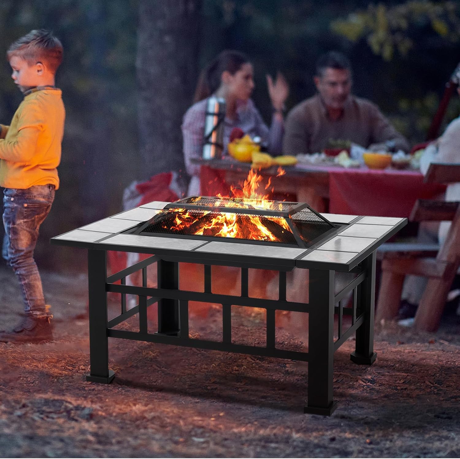 Fire Pit Table for Outside 37 Inch Square Firepits with Grill Large Wood Burning Heavy Duty Steel BBQ Bonfire Pit Outdoor Cooking with Spark Screen Log Grate Poker for Backyard Garden Camping