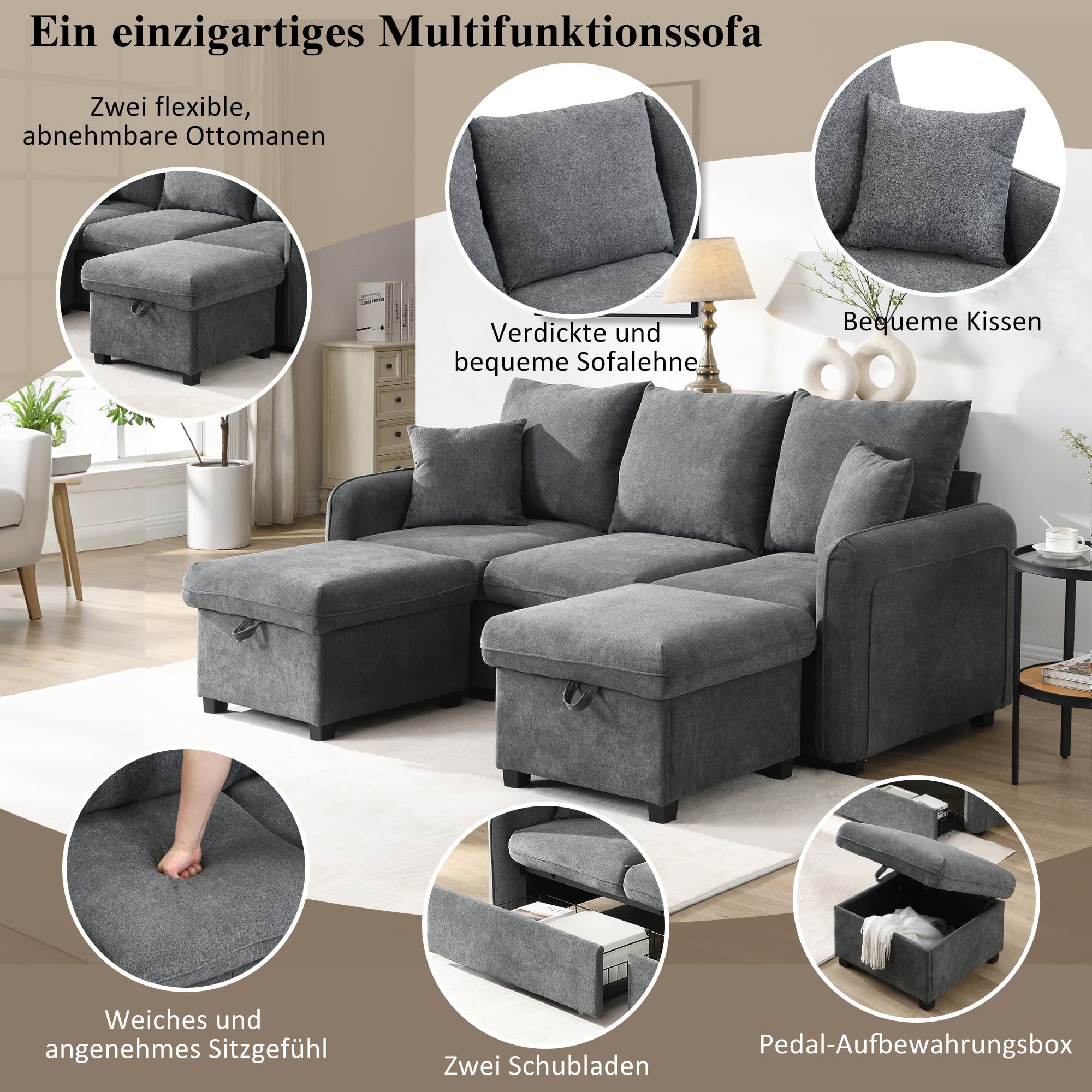 Merax Multifunktionales Ecksofa, 3-Sitzer Polster-Sofa mit Schlaffunktion, mit 2 Staufunktion Hocker, mit 2 Schubladen, modular zerlegbar, Cord-Stoff, für kleine Wohnungen, Dunkelgrau