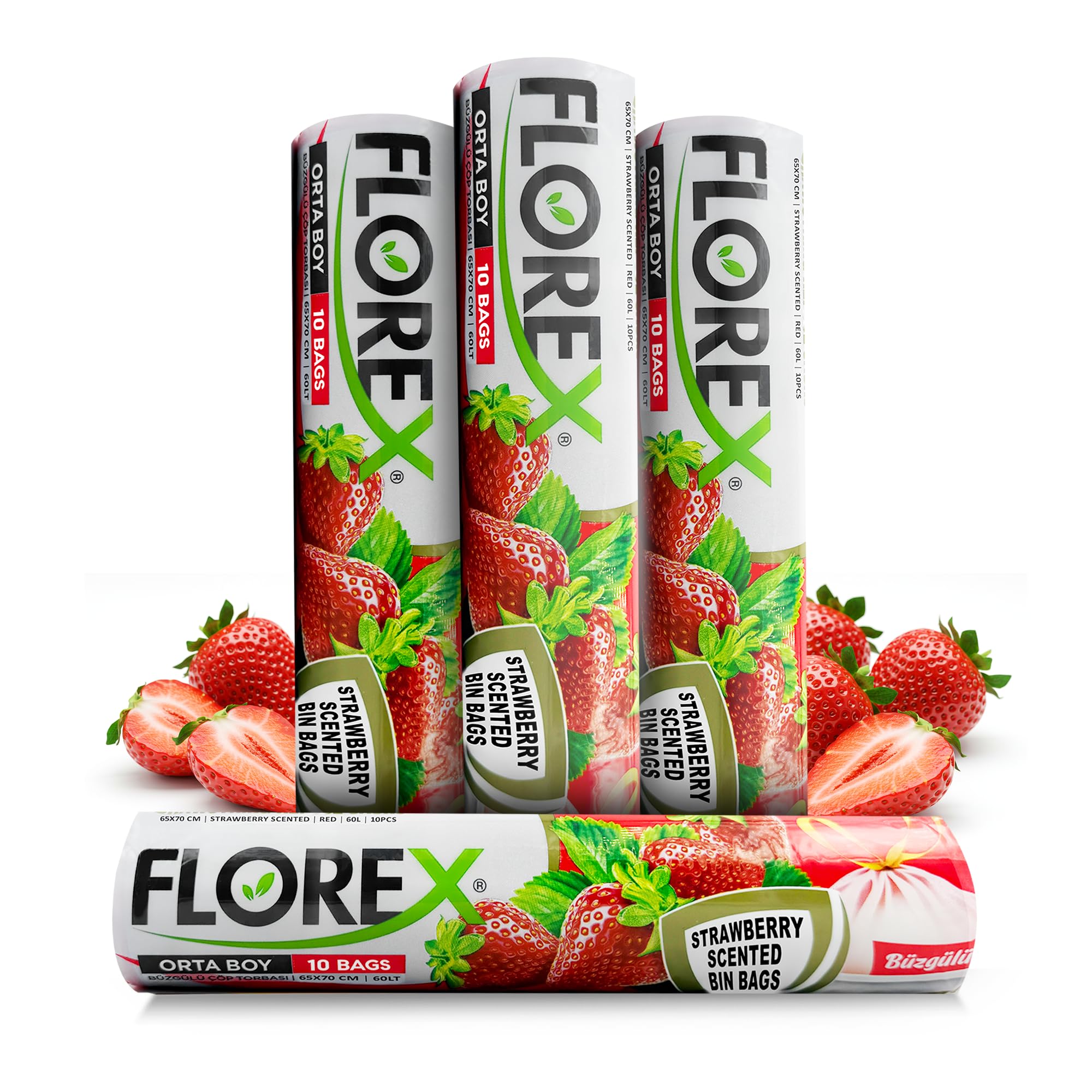 60L Bin Liners Strawberry Scented 65 x 70 cm, 4 Rolls (40 Bags) Swing Bin Liners, Fit 55–60L Bins, Fresh Smell for Home & Work - Garbage Bags