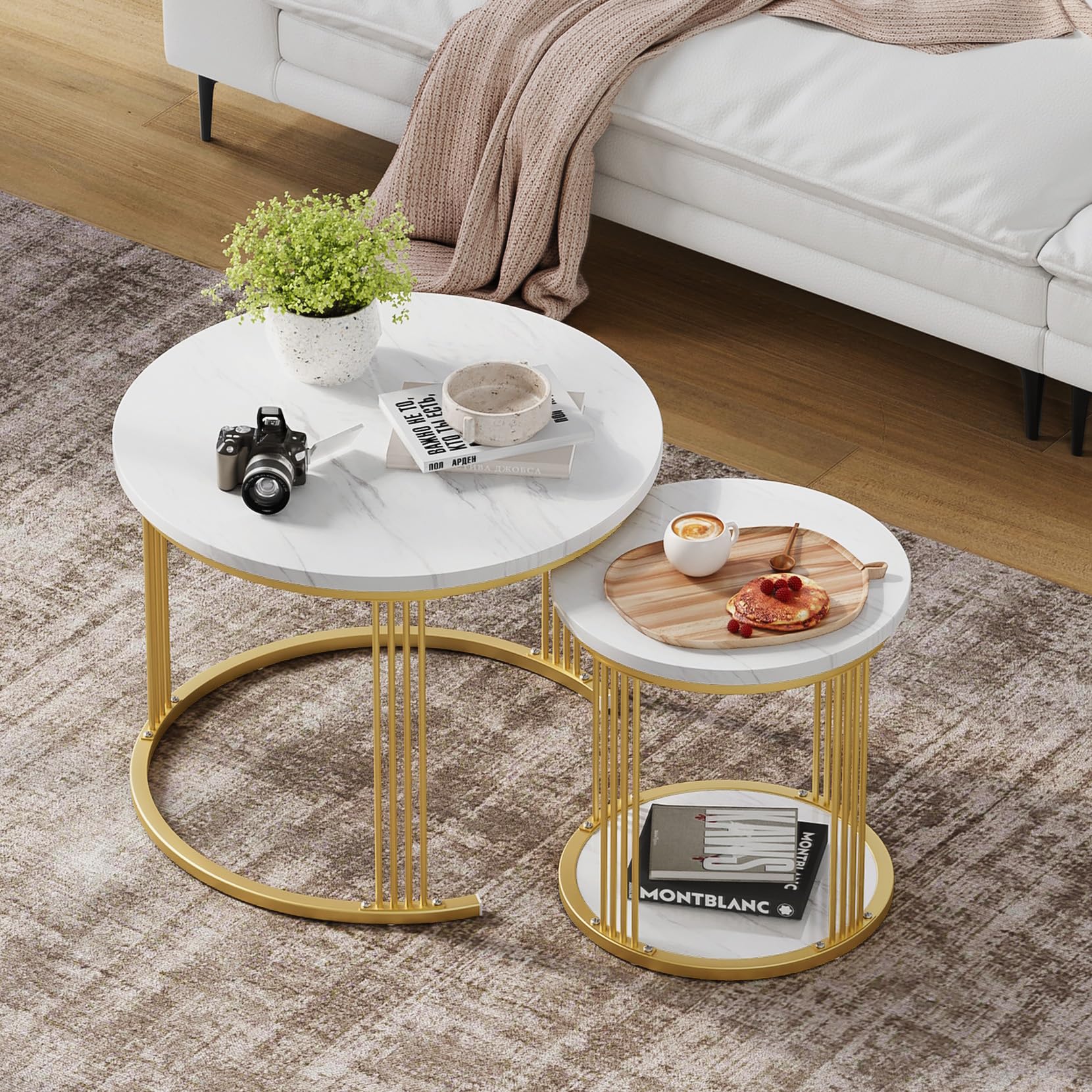 Dripex Set di 2 tavolini rotondi, con vano portaoggetti, telaio in metallo e piano in marmo, tavolino a forma di C per divano, camera da letto, ufficio, bianco