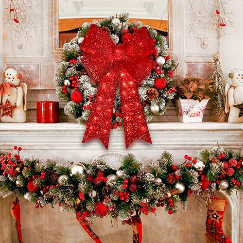 Miniatura 5 de Decoración de árbol de Navidad de 32 pulgadas, 72 LED, lazo rojo decorativo para interiores y exteriores, decoración de corona