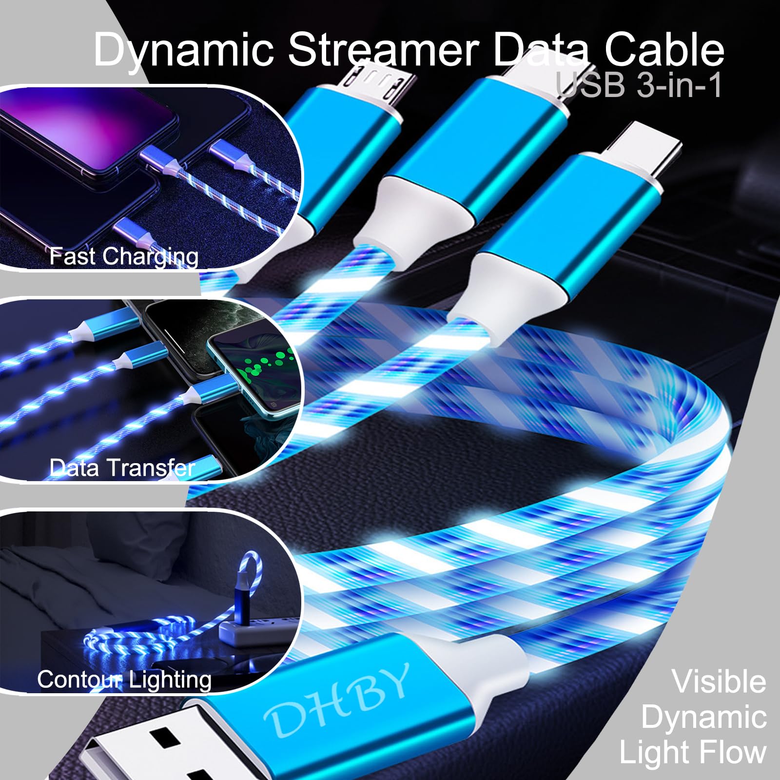 Câble de charge rapide à 3 ports USB A vers micro USB/type C PD - Courant LED - Compatible avec la plupart des appareils - 99 cm - Bleu