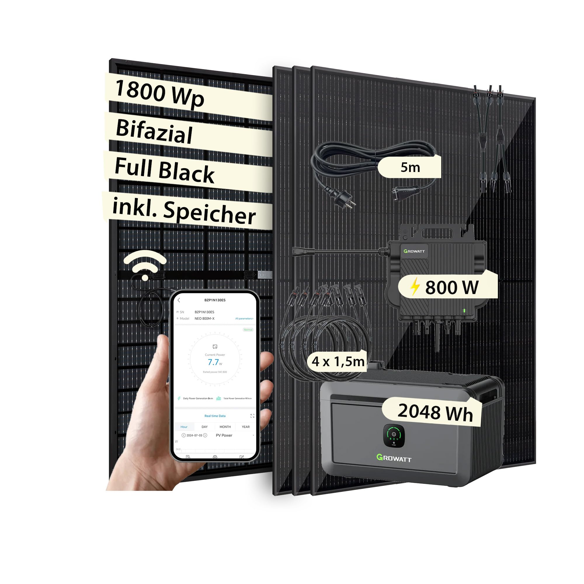VALE Balkonkraftwerk Full Black - Growatt Wechselrichter - Growatt Speicher - Solarpanel mit Speicher - 5m AC-Kabel