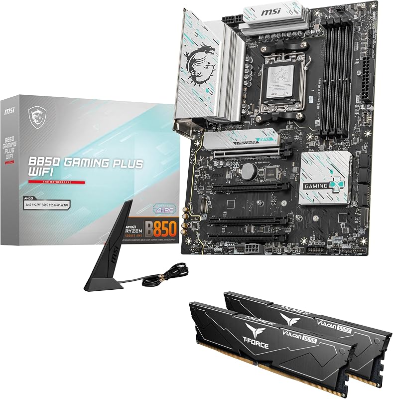B850 GAMING PLUS WIFI Motherboard,ATX-Supports AMD Ryzen 9000-7000 Processors,AM5-DDR5 Memory 8200+ MT/s (OC),PCIe 5.0x16 & 4.0x16,M.2 Gen5,Wi-Fi 7,5G LAN+HIGH-SPEED DDR5 RAM 32GB (2x 16GB) Bundle