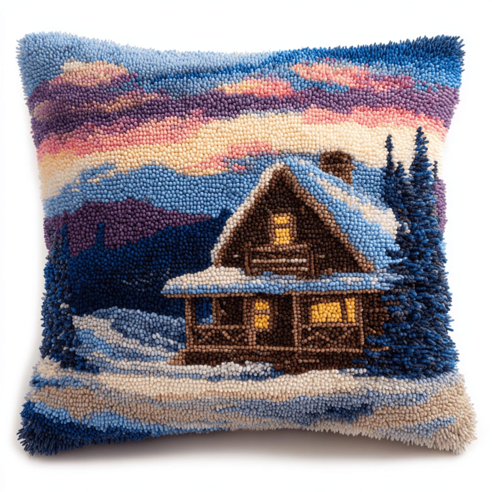 kitphoenix Latch Hook Pillow Cover Kit for Adults Snow Cabin