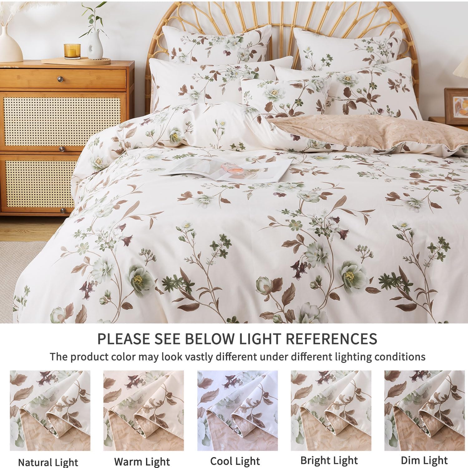 FADFAY Floral Duvet Cover Sets Full Size 100% Cotton Green Roses Flowers Pattern Beige Comforter Cover Vintage Countryside Bedding for All Season Soft Crisp Reversible Bed Cover 3Pcs