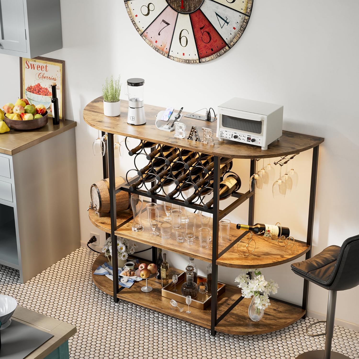 JUMMICO Metal Wine Bar with LED Light and Charging Station, Freestanding