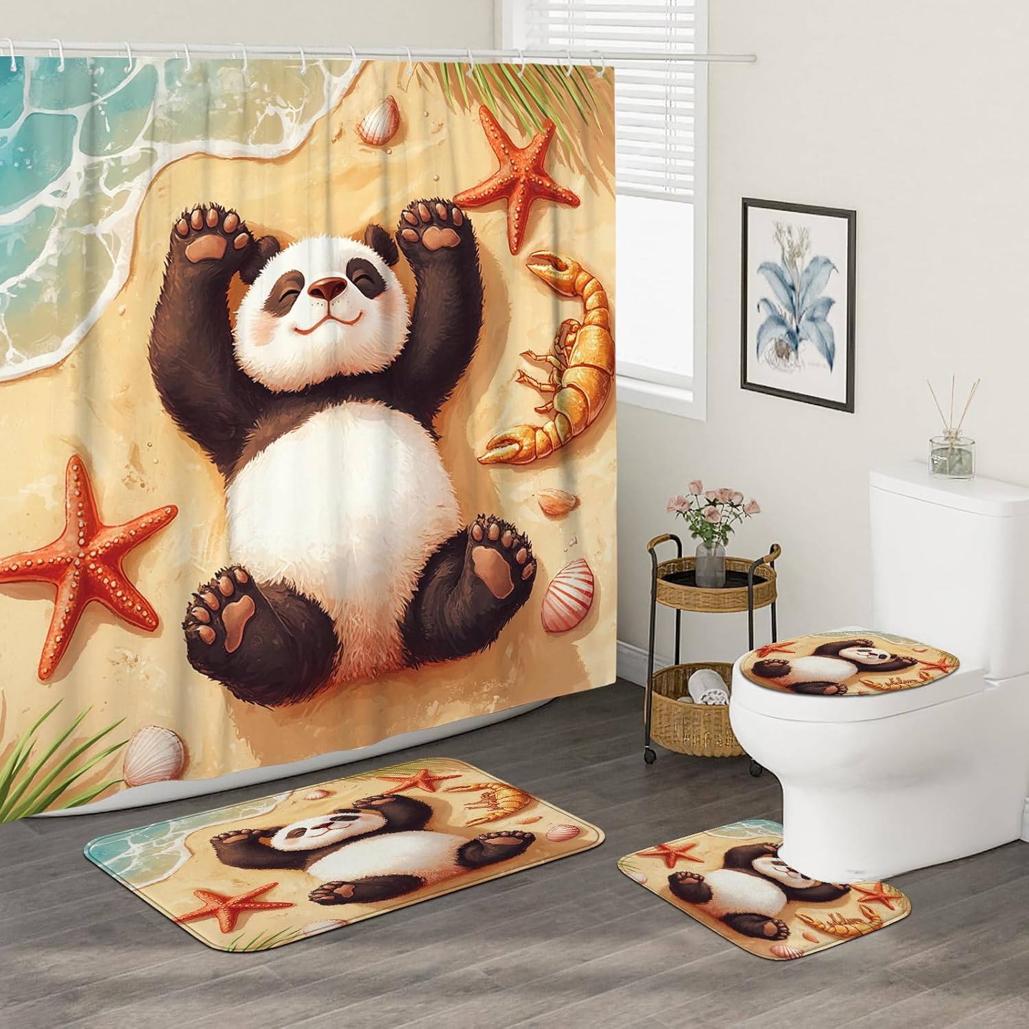 4PCS Funny Panda Bathroom Sets, Bath Accessory with Non-Slip Rug, U Shape and Toilet Lid Cover Mat, Kids Beach Cartoon Starfish Bathroom Decor-72''x72''