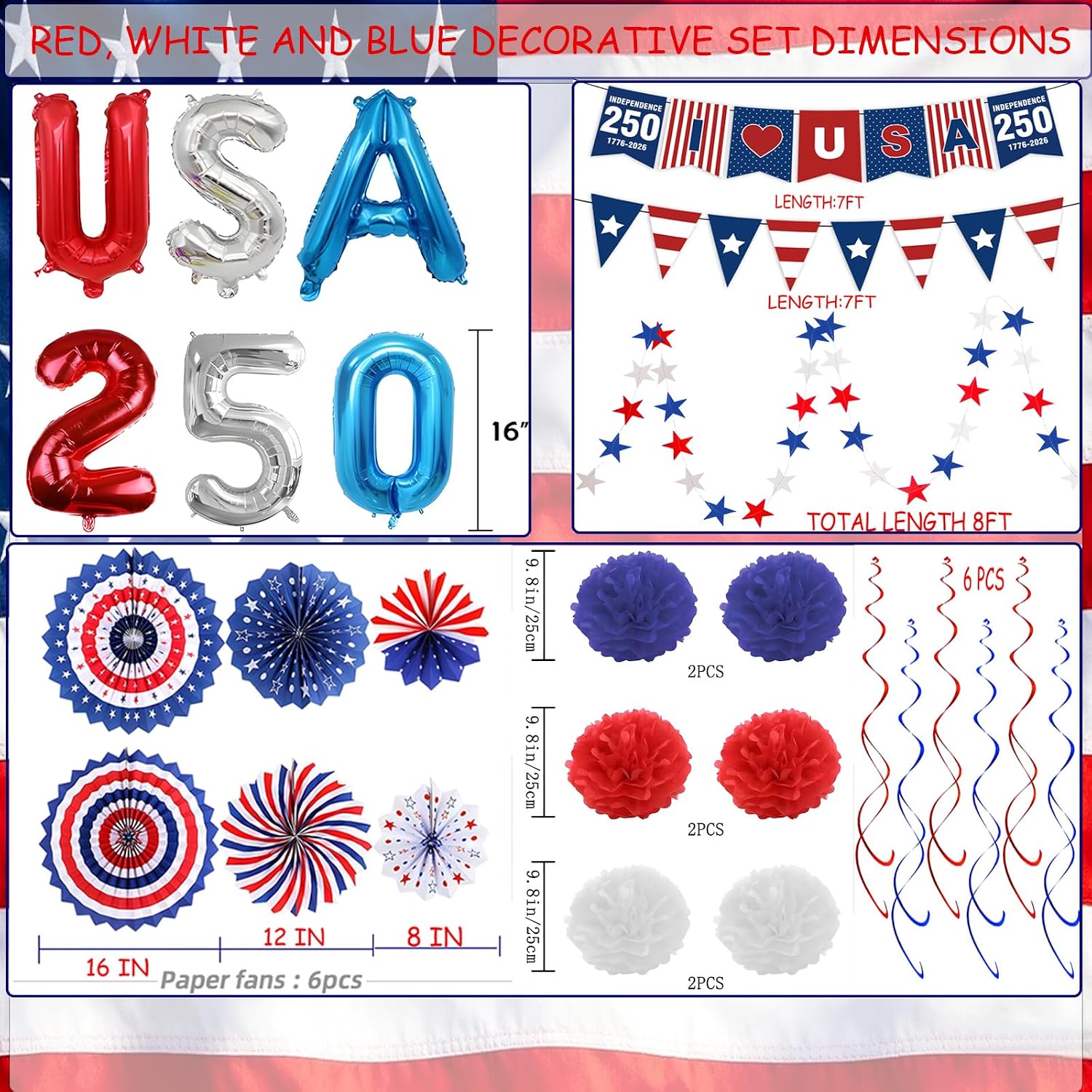 33 PCS USA 250th Anniversary Decorations Set 4th of July & Fourth of July Decor Red White Blue Paper Fans Pom Poms Balloons Banners Indoor & Outdoor American Patriotic Party Supplies