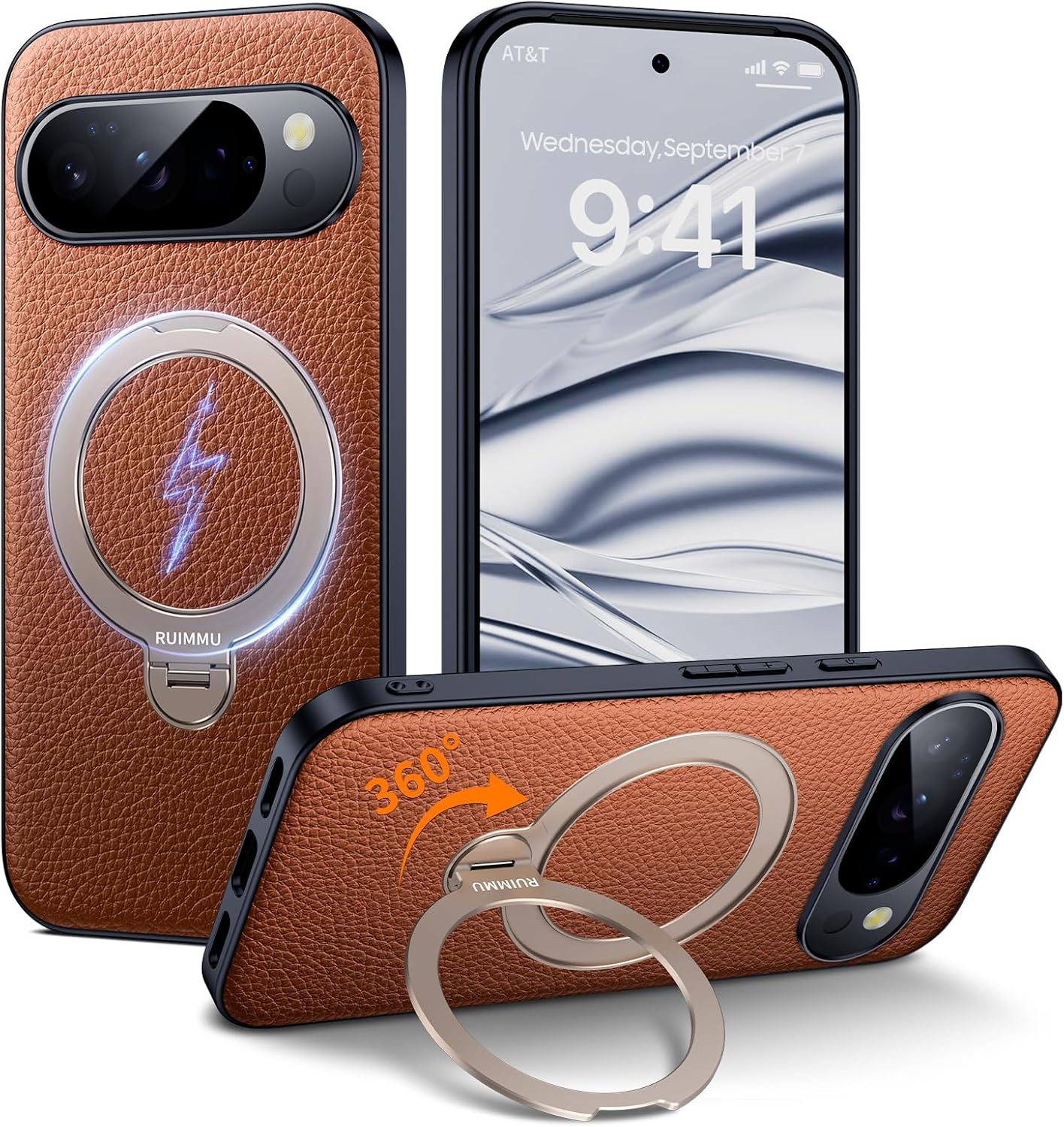 for Google Pixel 10 Pro XL Case, Pixel 10 Pro XL Leather Texture Phone Case with Magnetic Ring Stand Brown