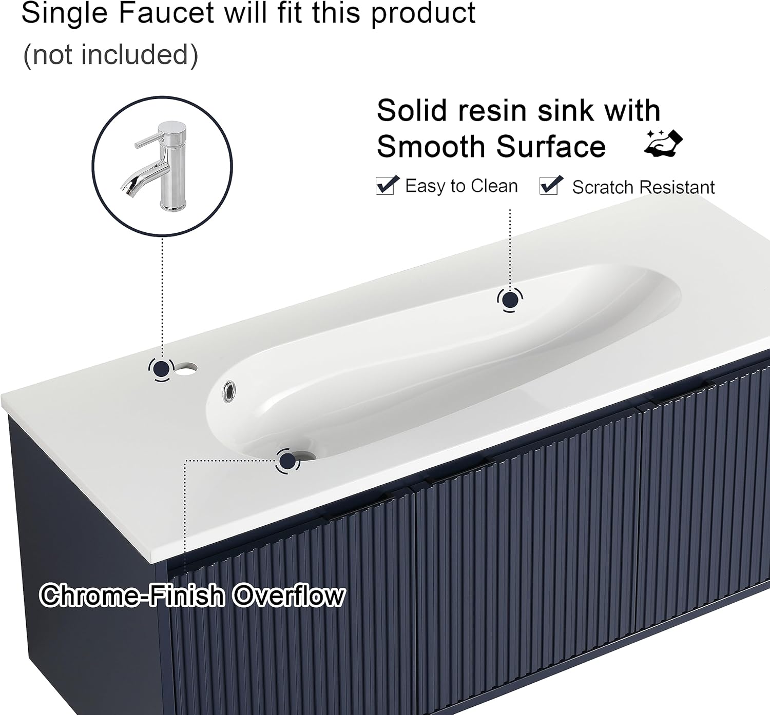 Malwee 48 Inch Floating Bathroom Vanity with Sink, 48'' Single Sink Wall Mounted Bathroom Vanity Como, with 3 Soft Close Doors and White Waterdrop Gel Coat Basin Top, Navy Blue (05848)