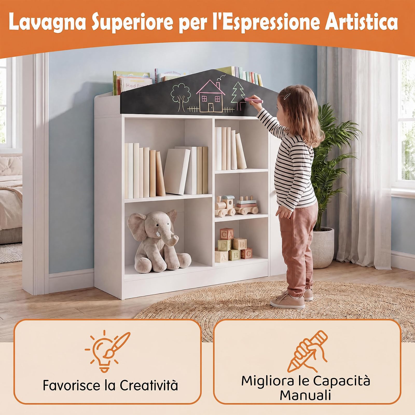 RELAX4LIFE Libreria Montessoriana per Bambini, Scaffale Portaoggetti con Scomparti e Lavagna, Libreria a Forma di Casa per Cameretta, Sala Giochi e Asilo Nido