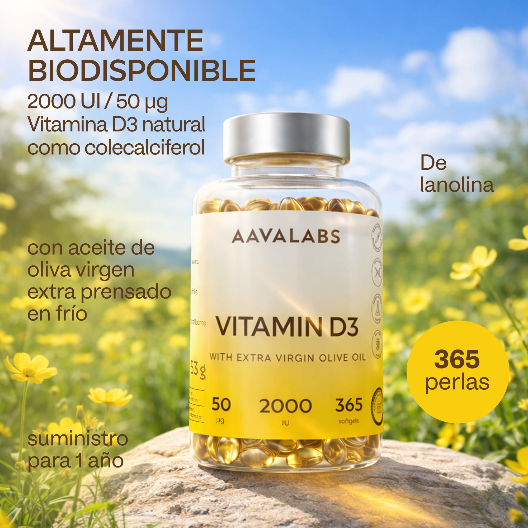 Vitamina D3 2000 UI - 365 Cápsulas Blandas - con Aceite de Oliva Virgen Extra para una Absorción Óptima – Contribuye al mantenimiento de la Función Ósea, Muscular e Inmunológica