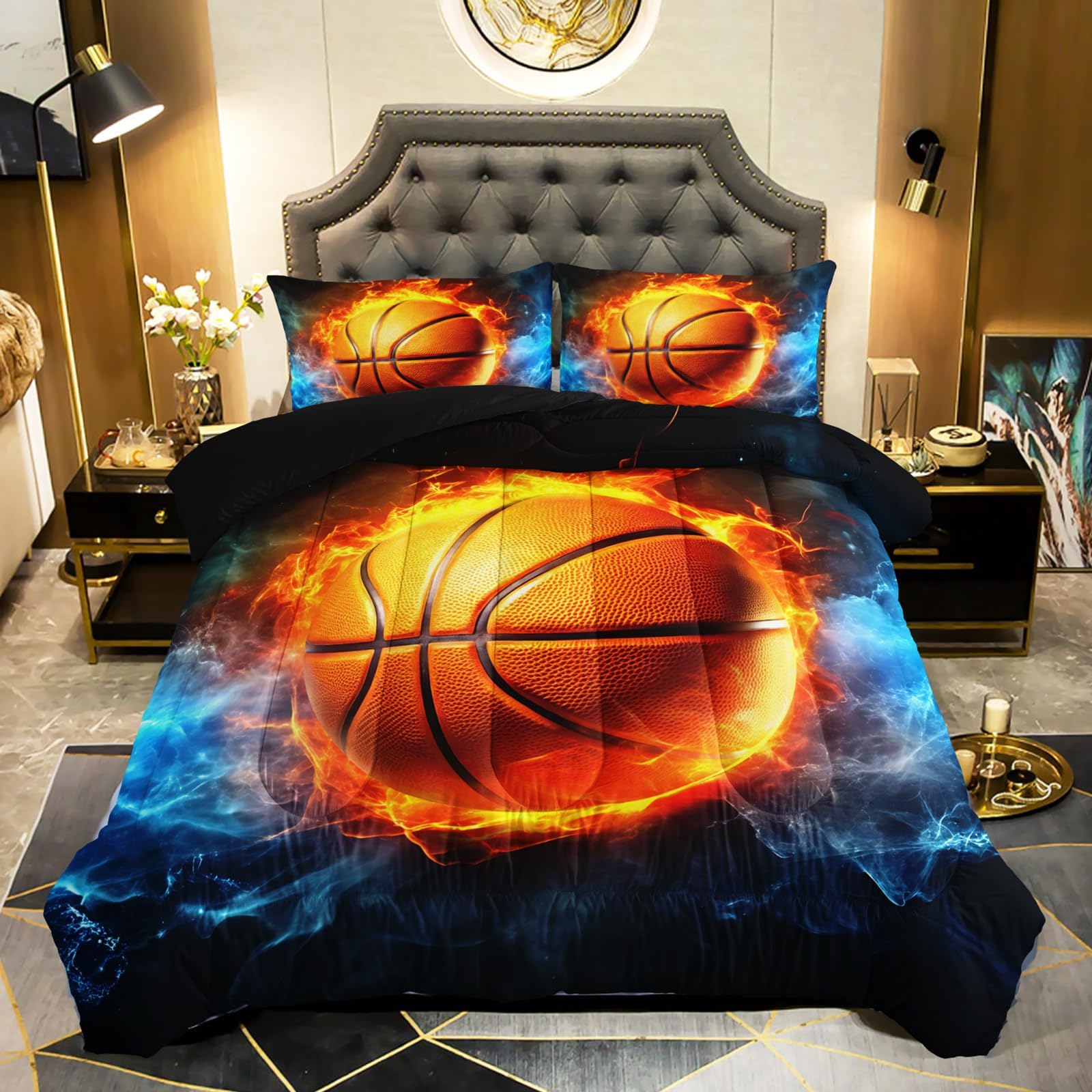 QOOMO 3Pcs Basketball Comforter Set Full,Fire and Water Bedding Set for Teens Boys Girls,3D Sports Printed Comforter with 2 Pillowcases,Down Alternative,Soft and Lightweight