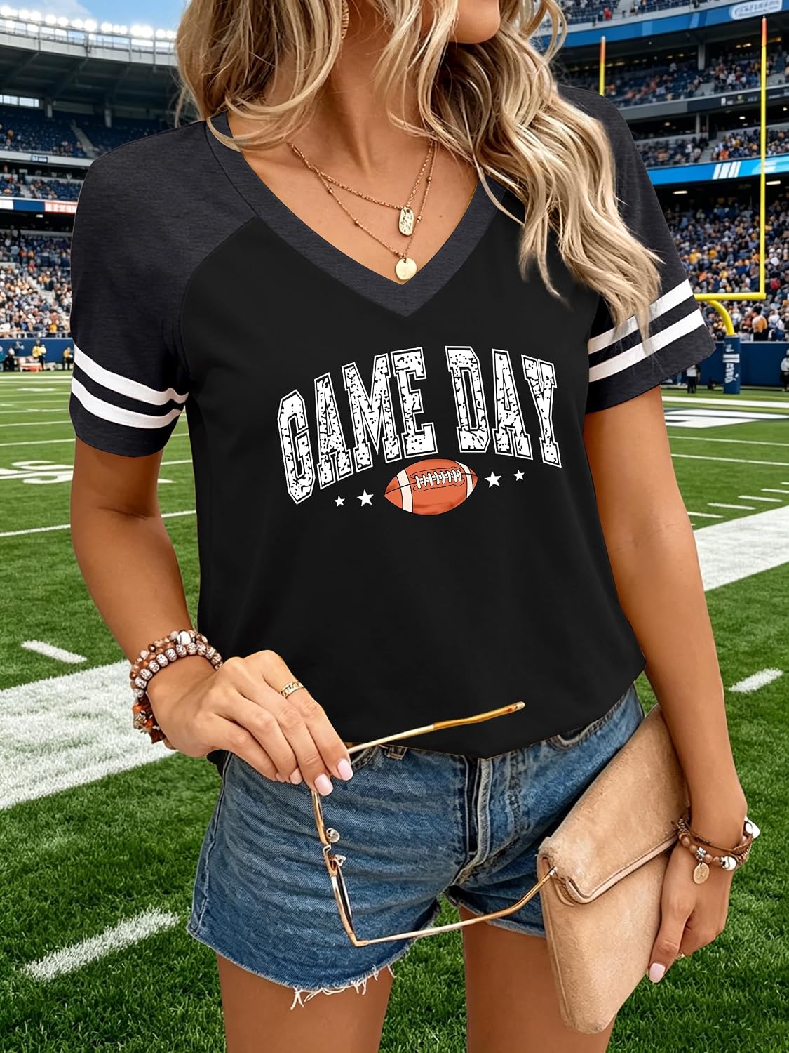 Football Shirts for Women Game Day Casual Short Sleeve V Neck Tees