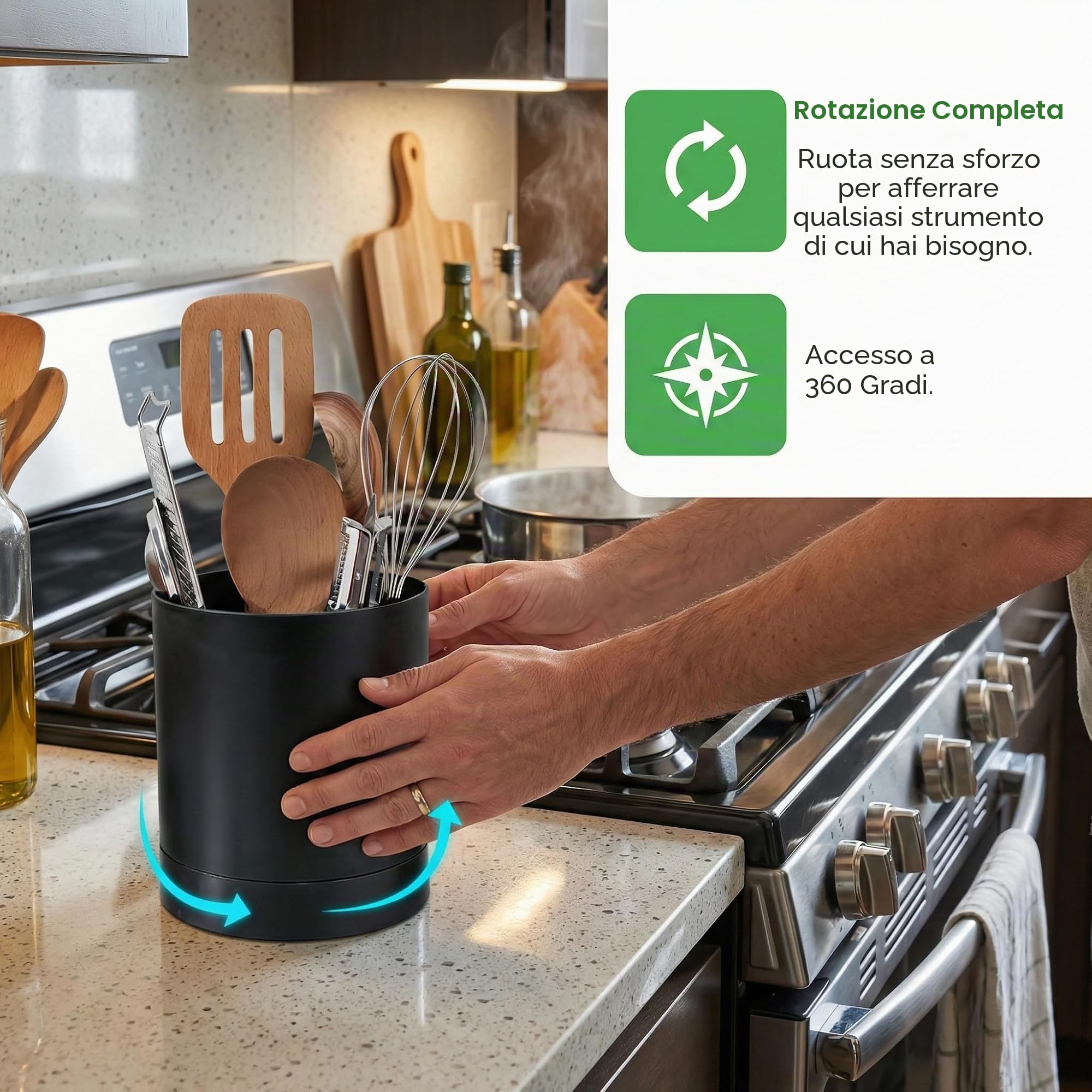Portautensili da Cucina Moderno, Organizer per Utensili da Cucina 16.5 * 14.5cm, Portautensili Girevole a 360°, Contenitore per Utensili Nero con Base Antiscivolo, Organizzatore per Spatole