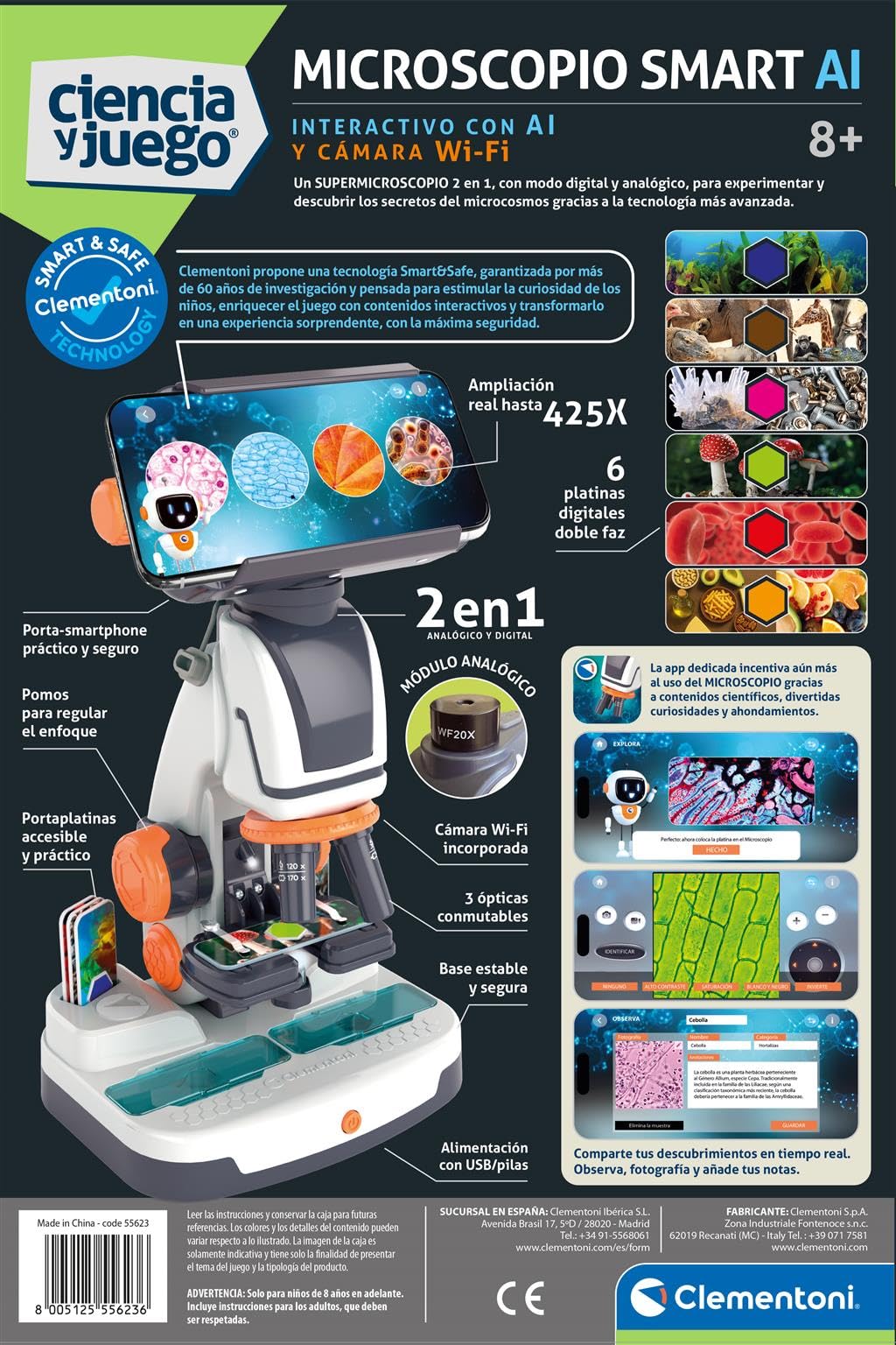 Clementoni - Microscopio Digital 2 en 1 con WI-FI - Descubre los Secretos del microcosmos - 12 Temas para Explorar - cámara WiFi con Acceso Desde App - 55623