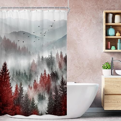 Miniatura 34 de Riyidecor Cortina de ducha de montaña verde rústica para baño, paisaje de bosque, paisaje, tela impermeable, paisaje alpino, decoración de baño
