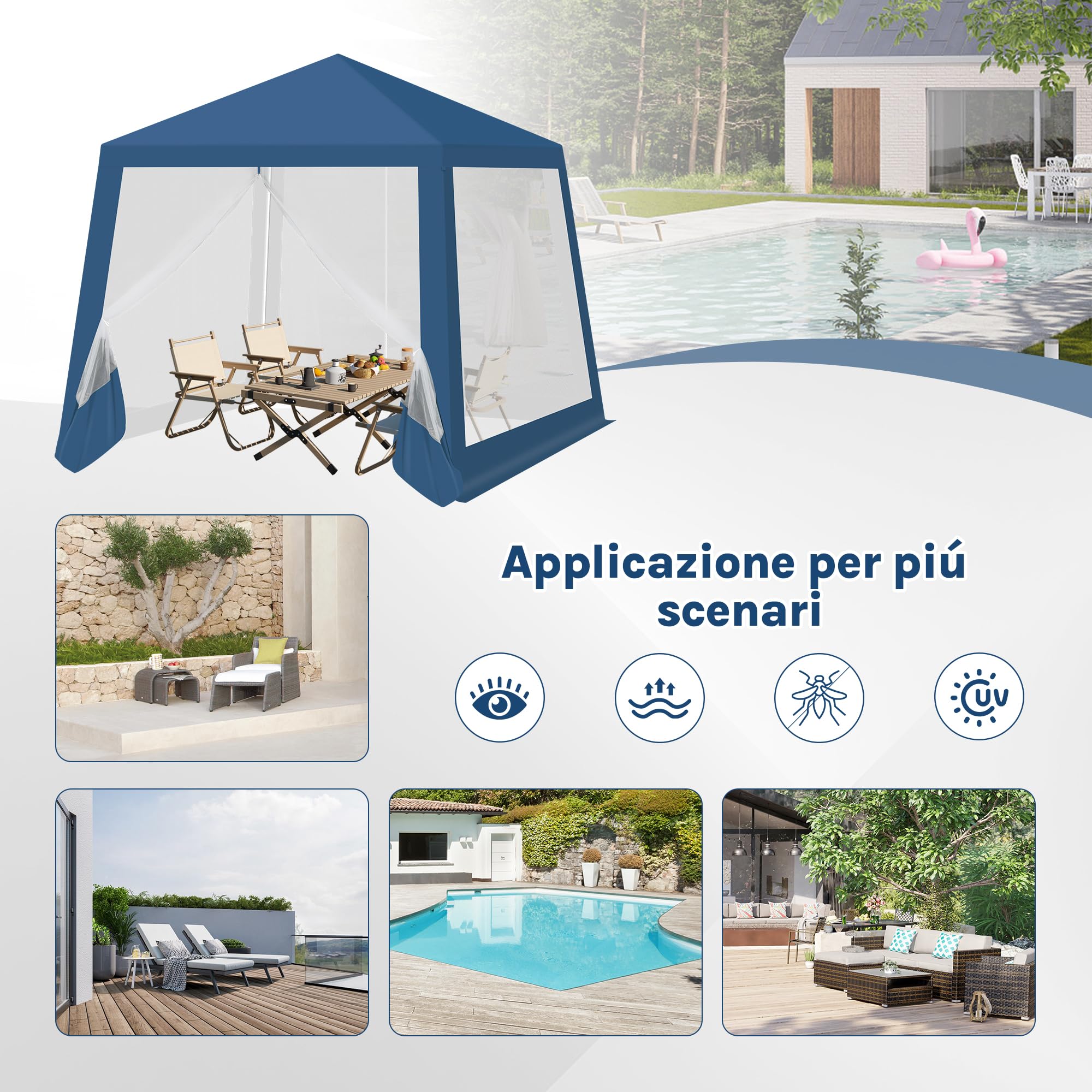WOLTU Gazebo 3x3 Pieghevole Impermeabile, Pergolato da Giardino, Gazebo da Esterni, con Pareti Laterali a Zanzariera, per Campeggio, Feste, Blu
