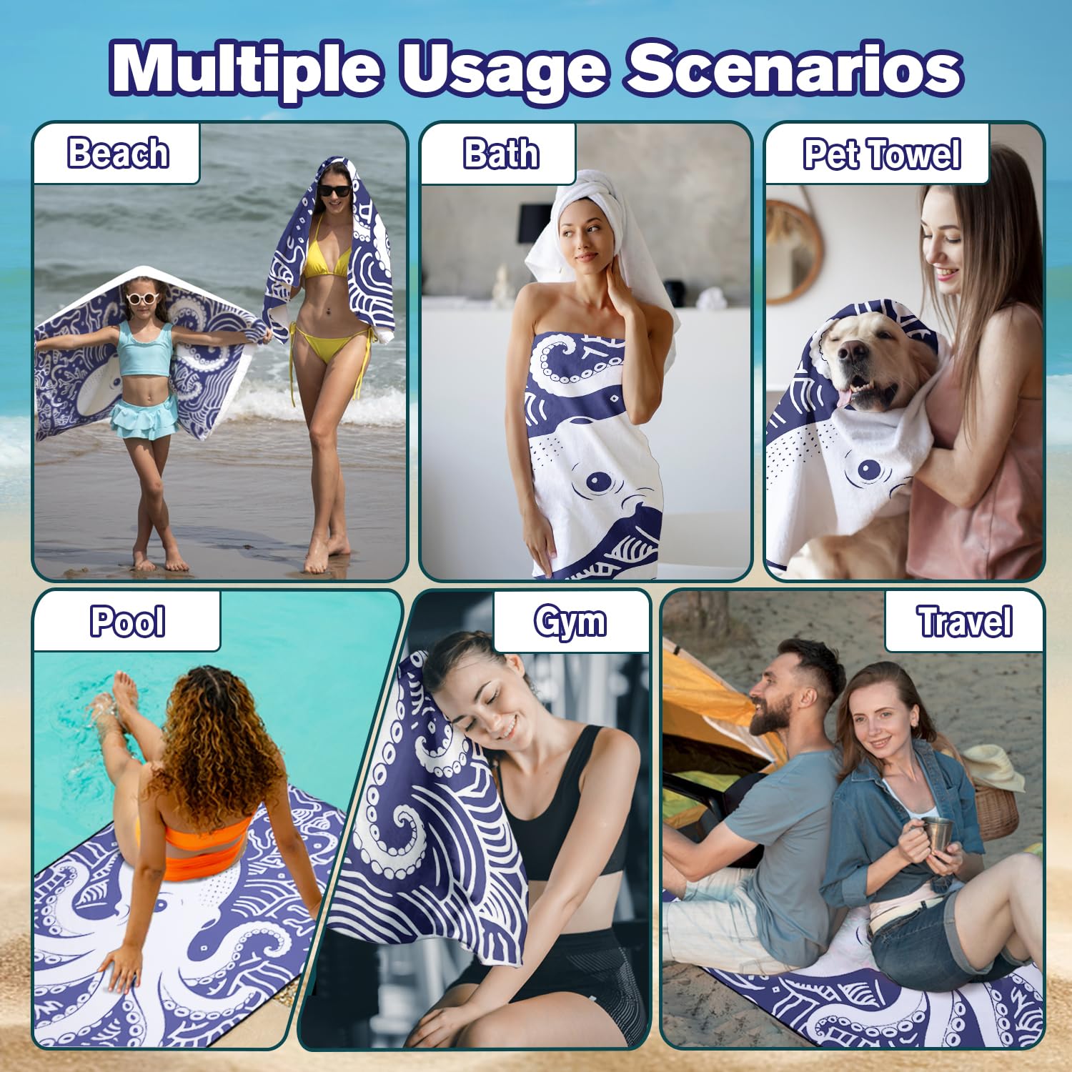 Confezione da 2 teli mare extra large da 180 x 90 cm, in microfibra di alta qualità da 250 g/m², senza sabbia, ad asciugatura rapida, leggeri, ideali per famiglia, spiaggia, vacanze, piscina
