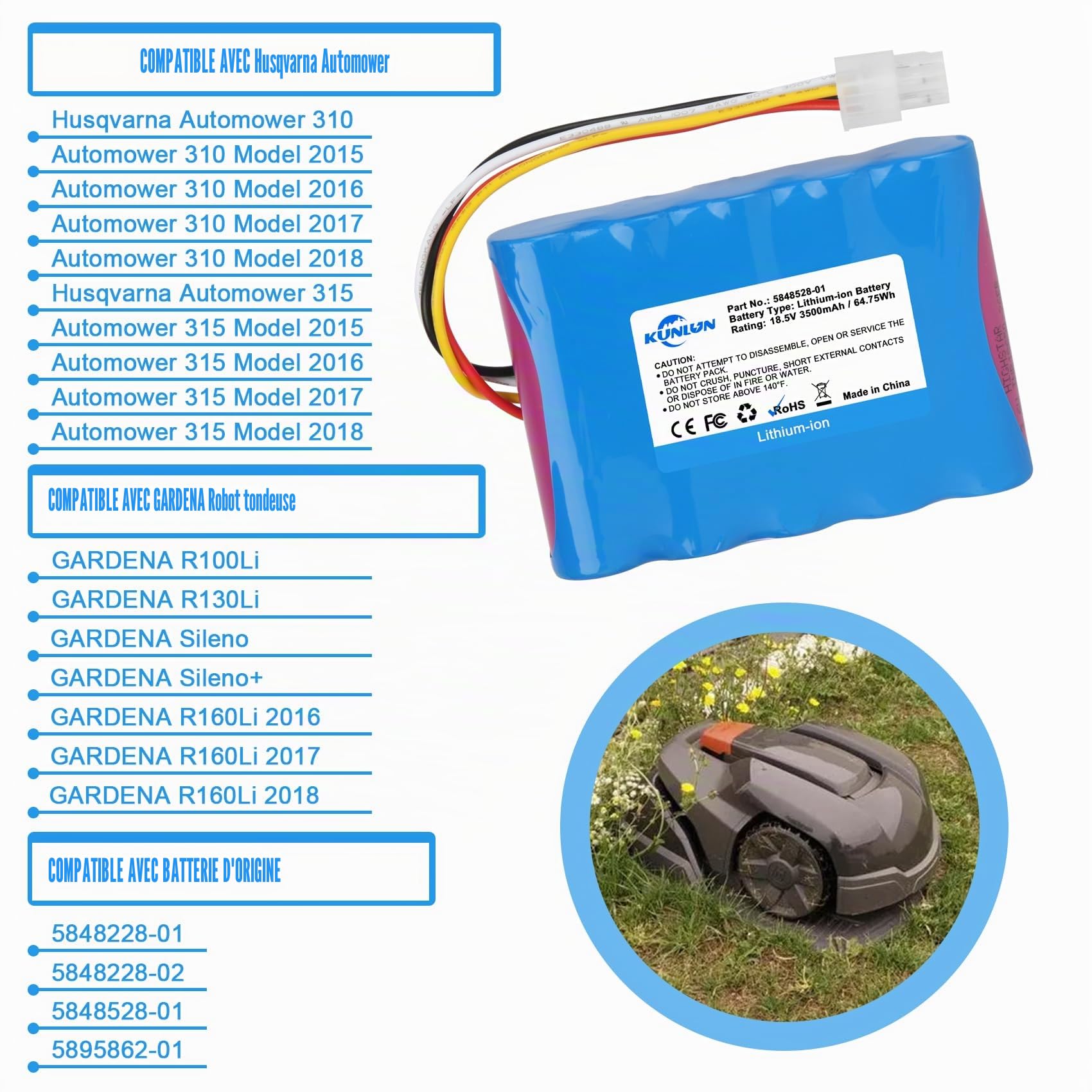 KUNLUN 18,5V 3500mAh Li-ION Batterie de Remplacement pour Husqvarna Automower 310 315 584 85 28-02 pour Gardena Sileno R100Li R130Li R160Li Batterie Tondeuse Robot 5848228-01,5848228-02,589586201