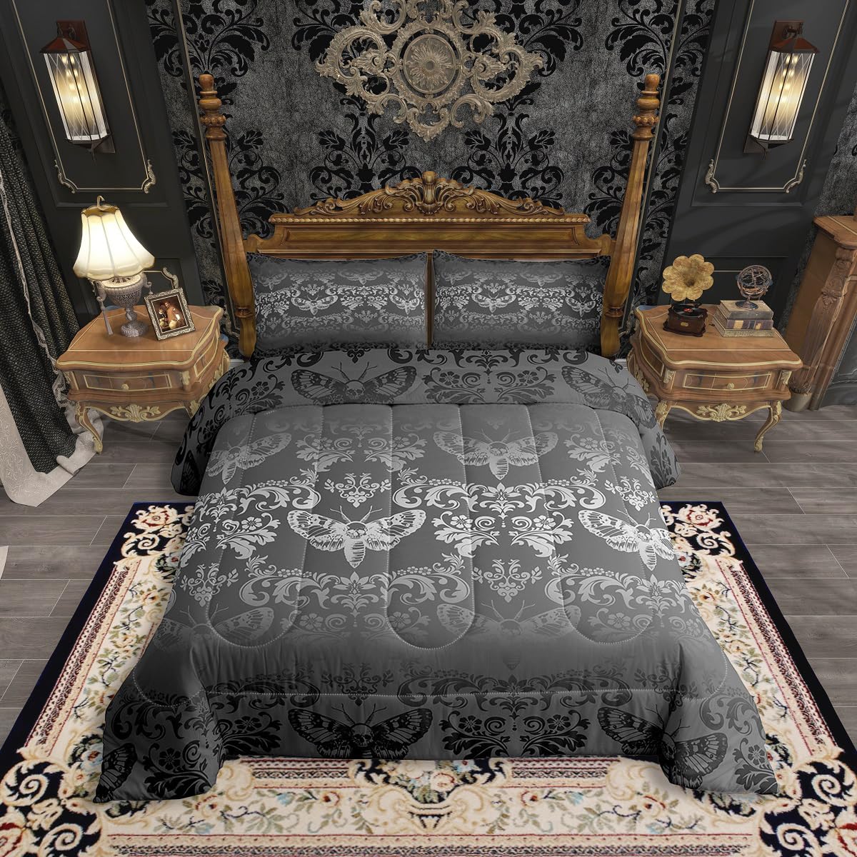 Erosebridal Gothic King Comforter Set Dark Grey Moth Goth Bedding Sets Vintage Damask Boho Bedding Comforter Sets for Kids Adults,Victorian Bohemian