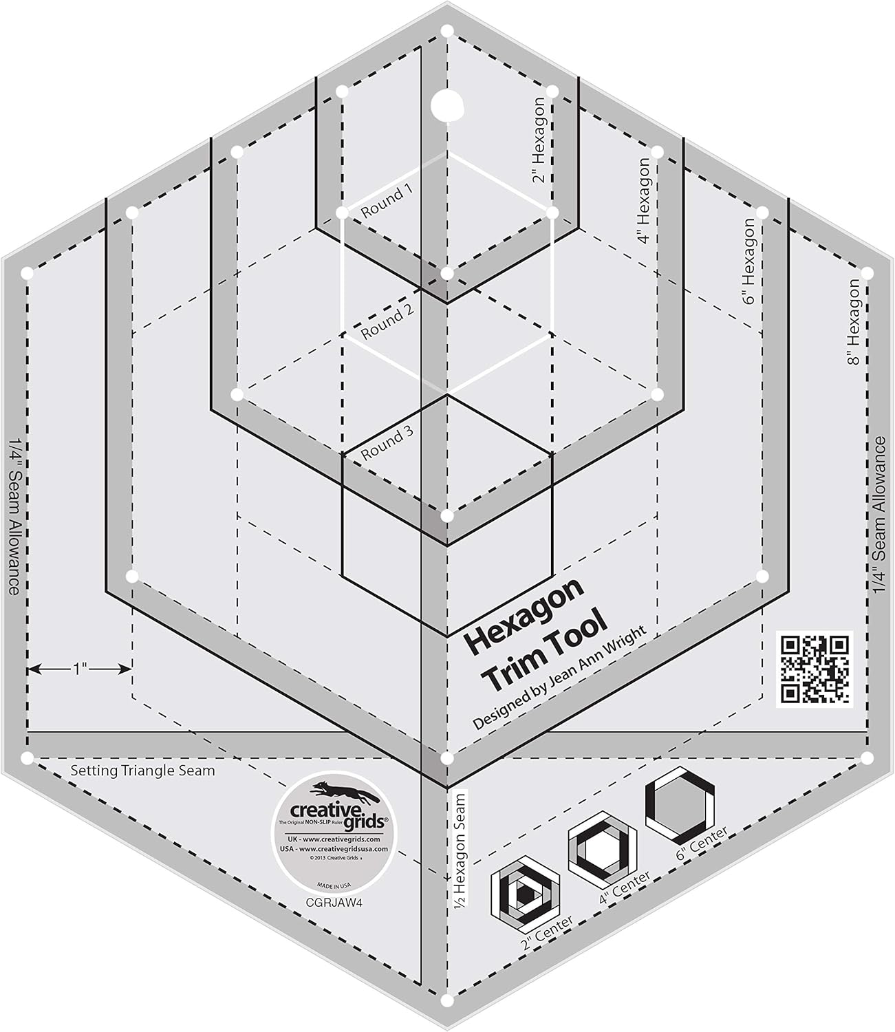 Creative Grids Hexagon Trim Tool Quilt Ruler – CGRJAW4 – Made in USA, 8-1/2in x 9-3/4in, Non-Slip Grip Acrylic Quilting, Sewing, Crafting, Patchwork Ruler & Template