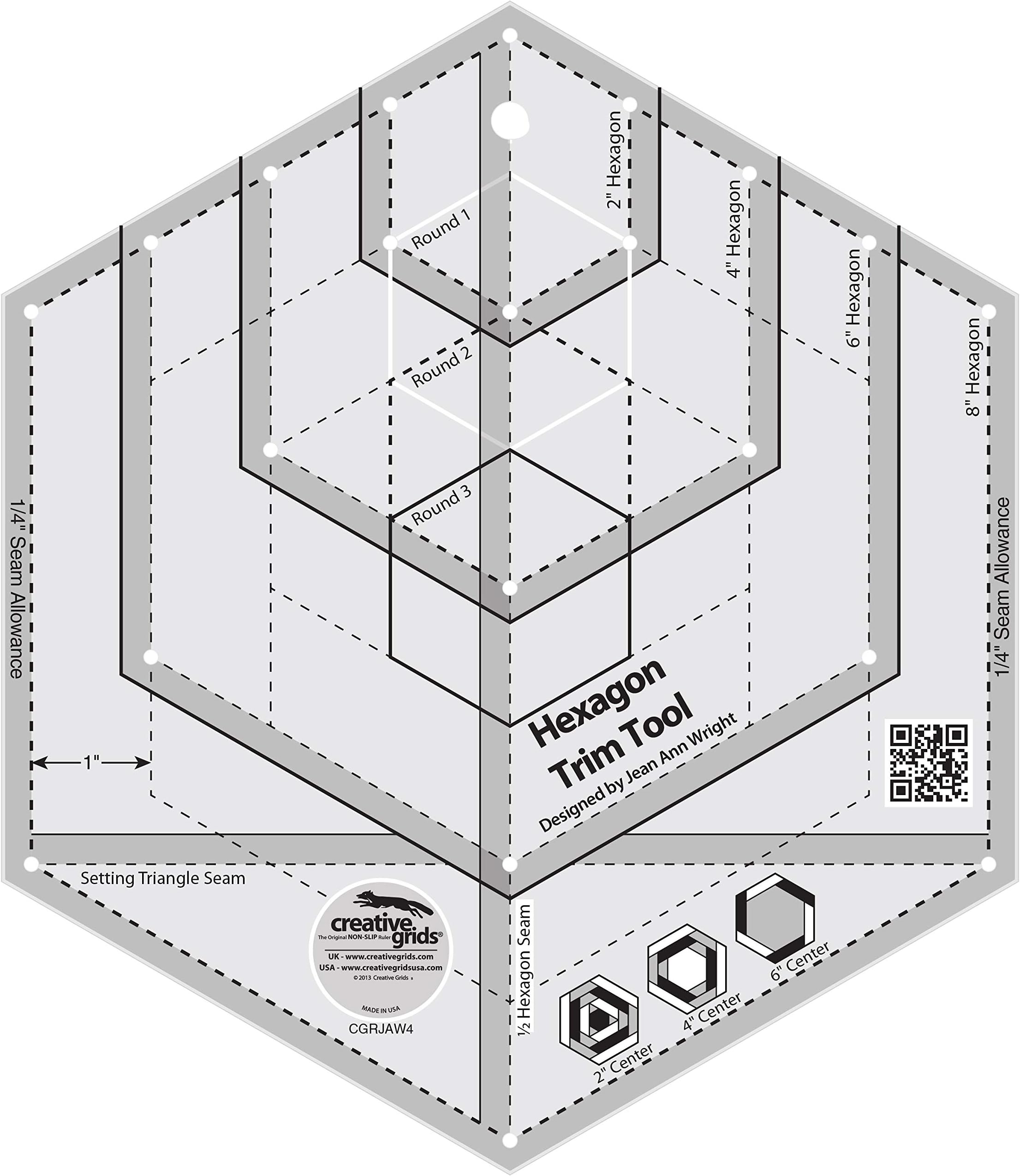Hexagon Trim Tool Quilt Ruler – CGRJAW4 – Made in USA, 8-1/2in x 9-3/4in, Non-Slip Grip Acrylic Quilting, Sewing, Crafting, Patchwork Ruler & Template