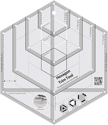 Creative Grids Hexagon Trim Tool Quilt Ruler – CGRJAW4 – Made in USA, 8-1/2in x 9-3/4in, Non-Slip Grip Acrylic Quilting, Sewing, Crafting, Patchwork Ruler & Template
