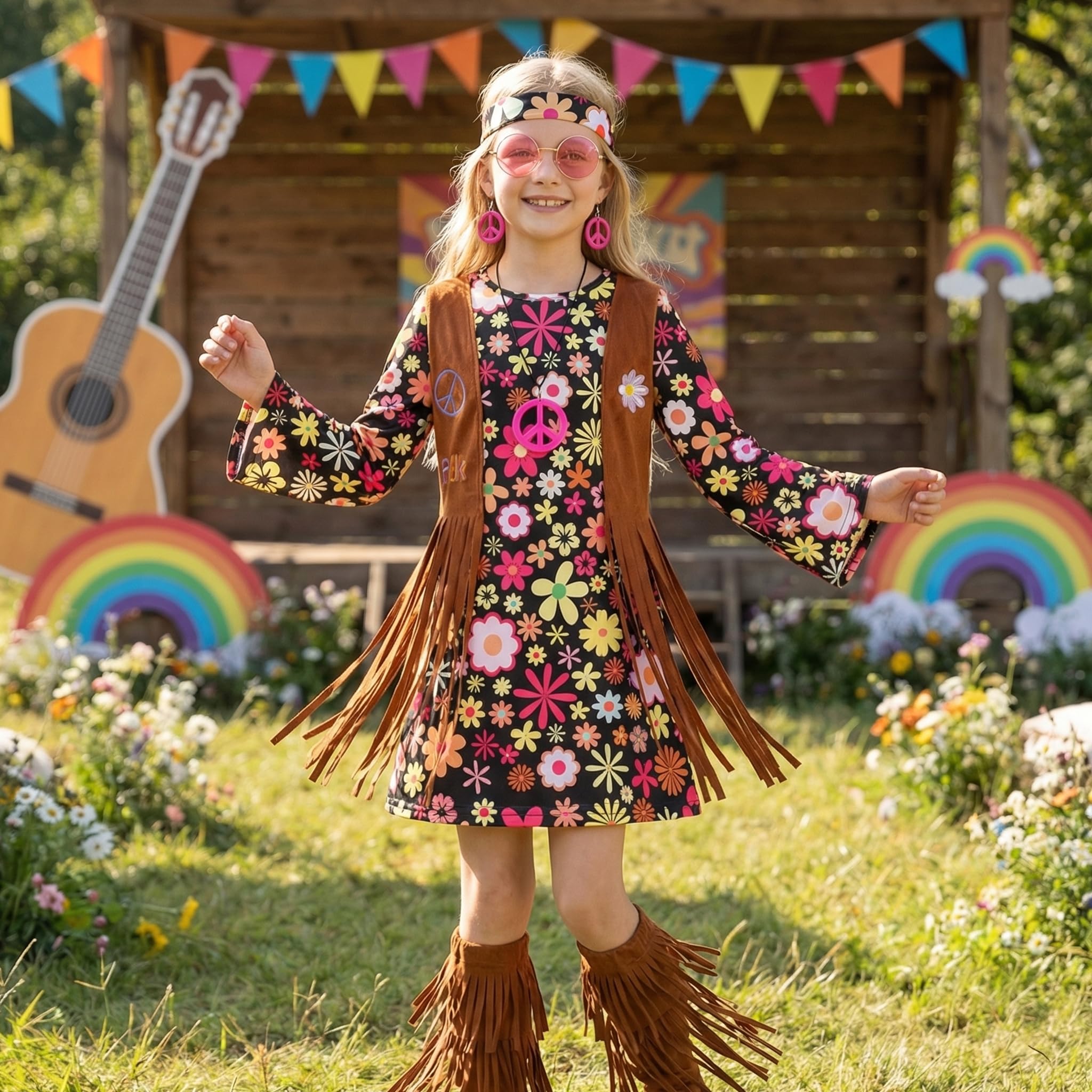 Amazon.com: Cuteshower Kids Hippie Costume for Girls 60s 70s Hippie Dress  for Halloween Party Outfit : Toys & Games