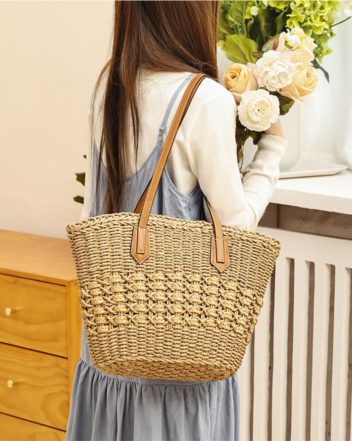 Women's Straw Shoulder Bag Large Rattan Woven Tote, Handmade Beach Bag Summer Purse with Zipper Closure - Image 3