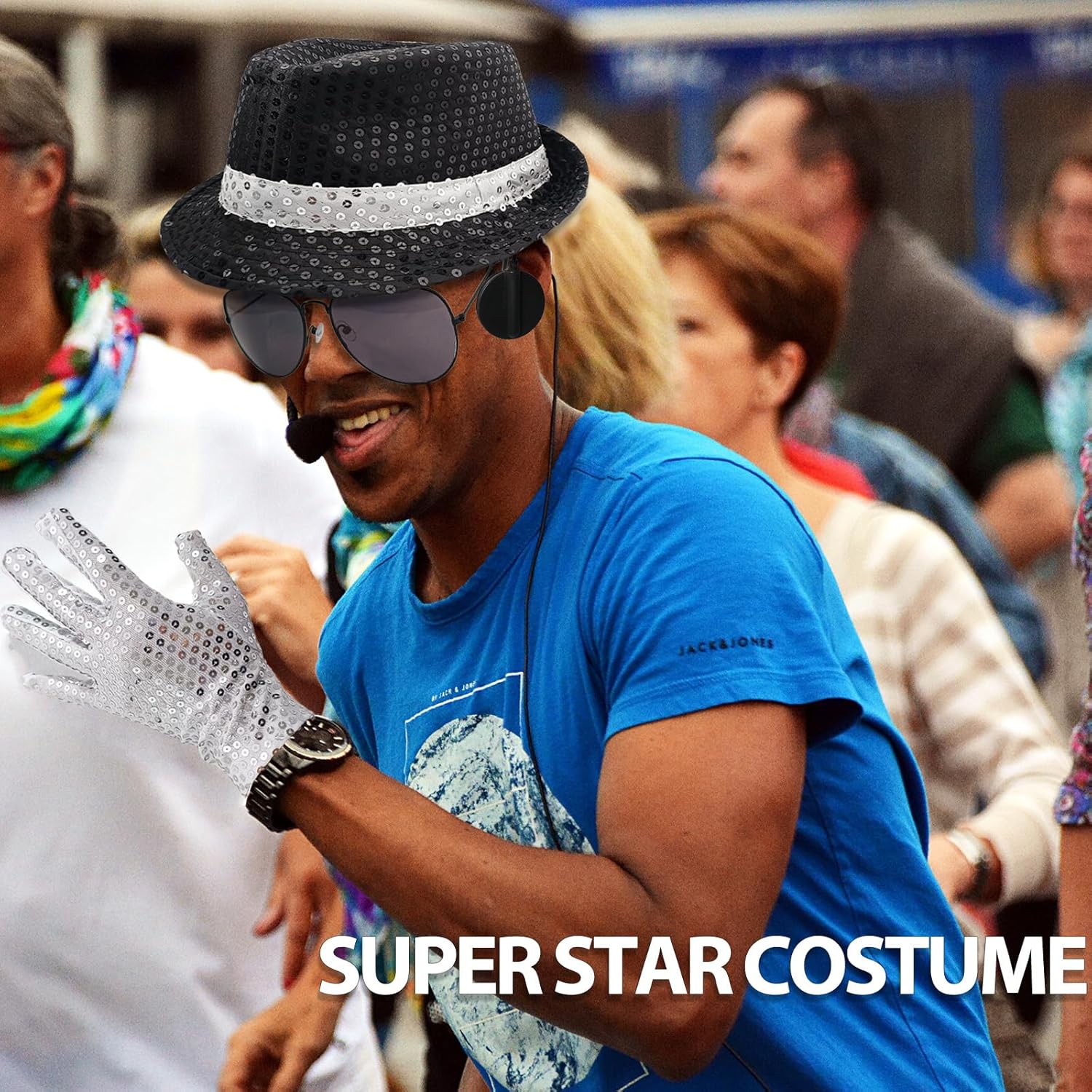 Pop Star Costume Rock Super Star Cosplay Accessories Halloween Famous Singer Outfit Sunglasses Fake Microphone Sequin Hat Gloves - Image 4