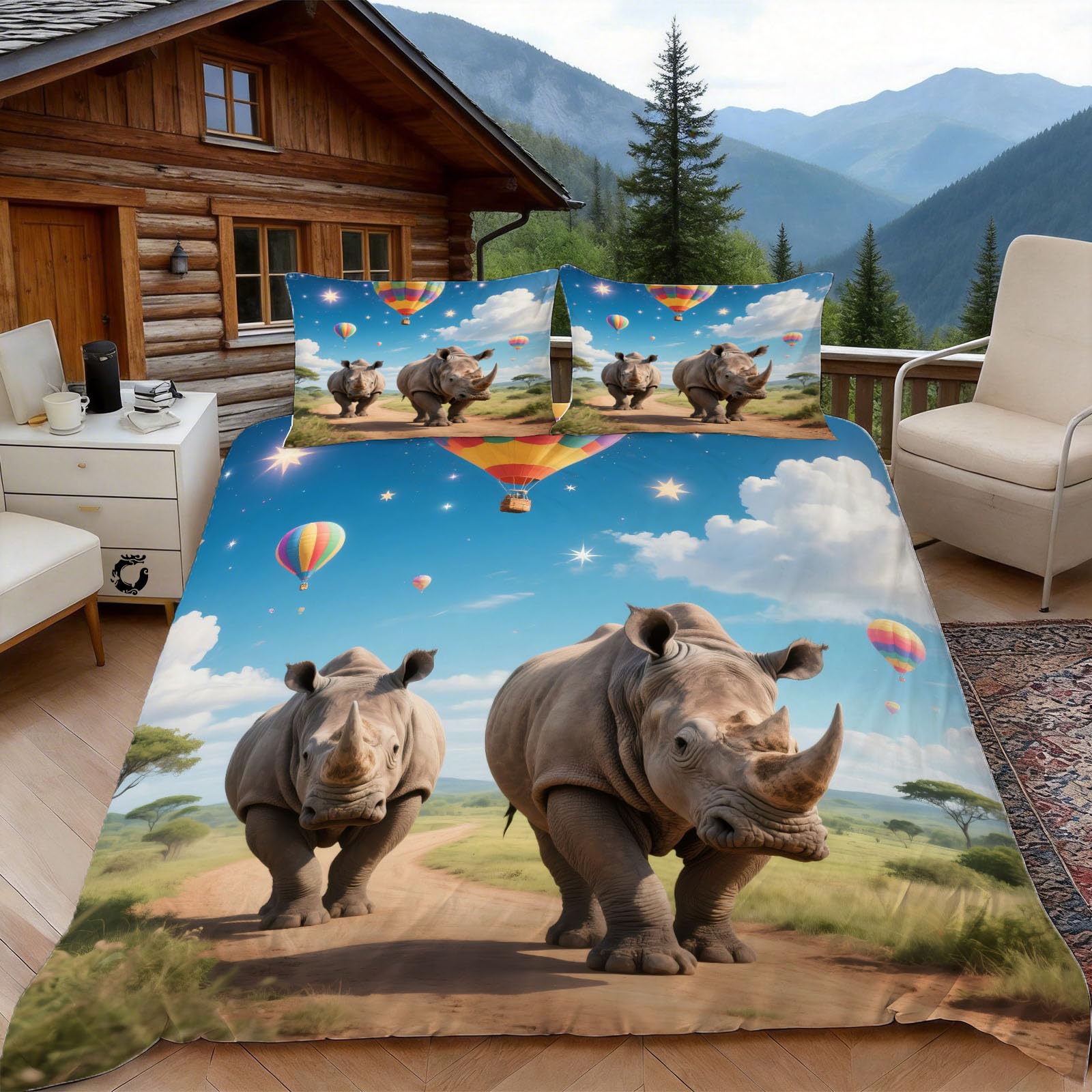 3D Single Duvet Cover Set 3D Printed Rhinoceros Print Bedding, Fantasy Starry Sky Soft Microfibre Duvet Cover Sets Quilt Cover and Pillow Set with Zipper 3 Pcs