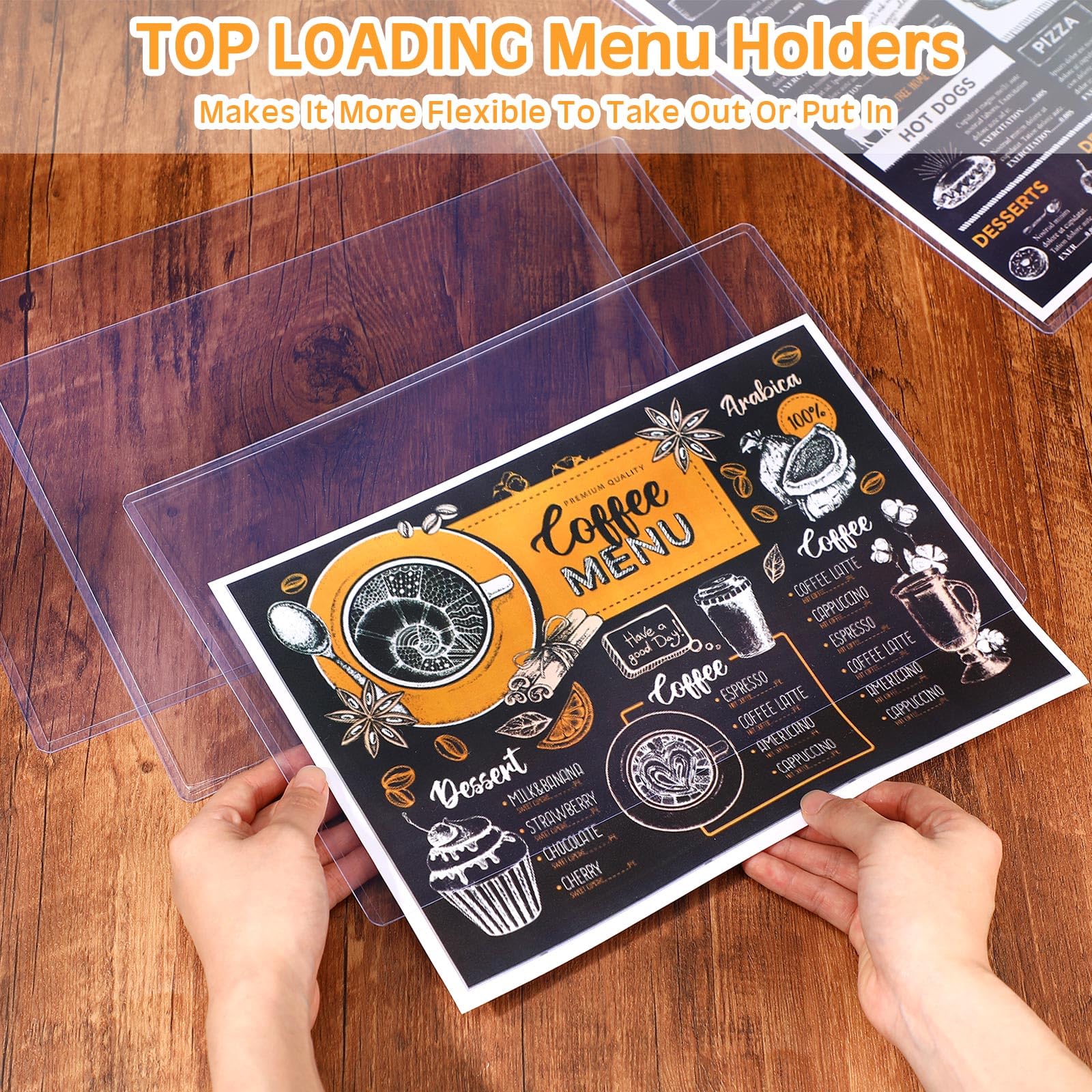 MotiMind Paquete de 75 fundas de vinilo transparente para menús de restaurante de 8.5 x 11 pulgadas, fundas de menú reutilizables de doble cara, soportes de menú de carga superior, protectores de