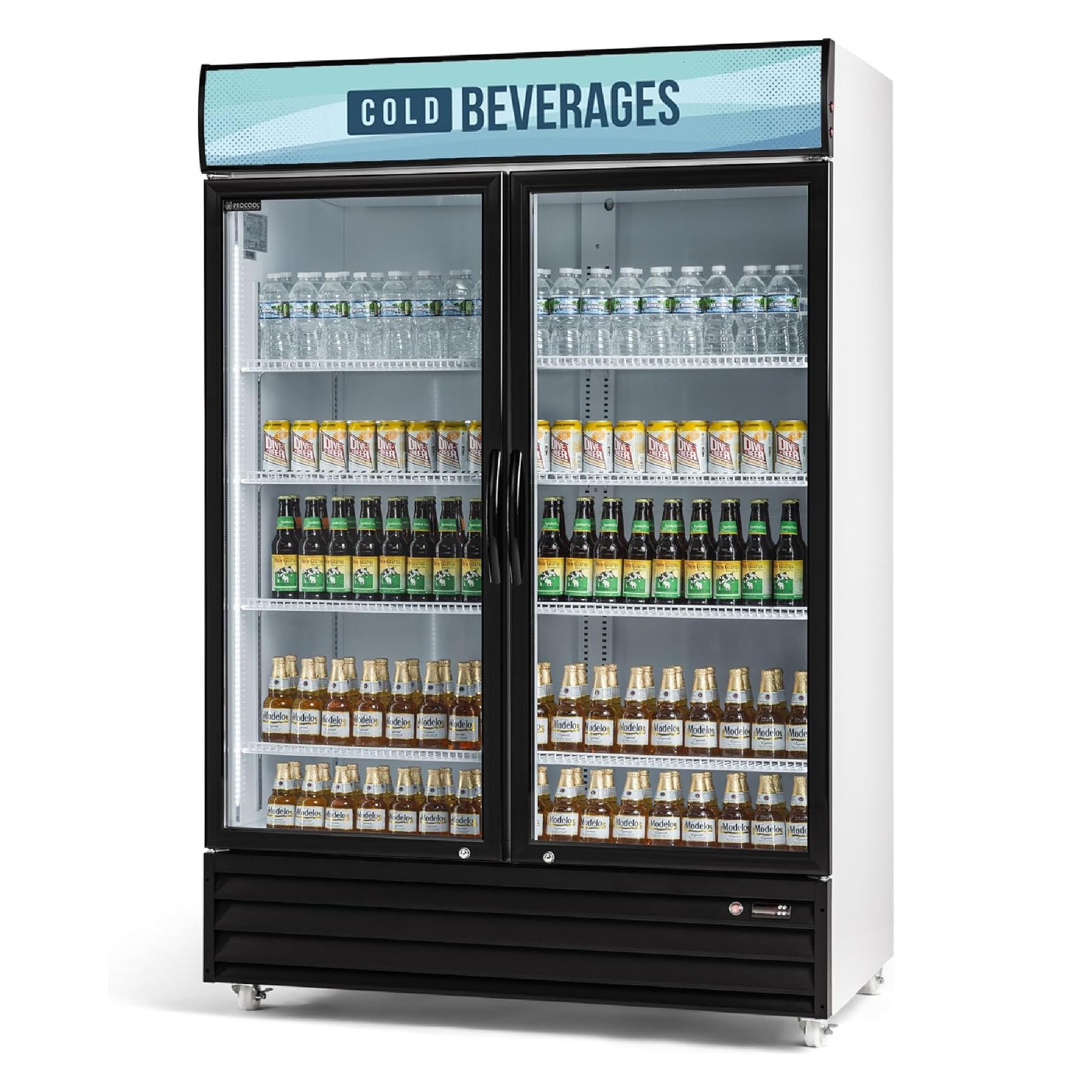 Procool White Display Refrigerator, 43 CuFt, 2 Door, Cold Beverages Sign