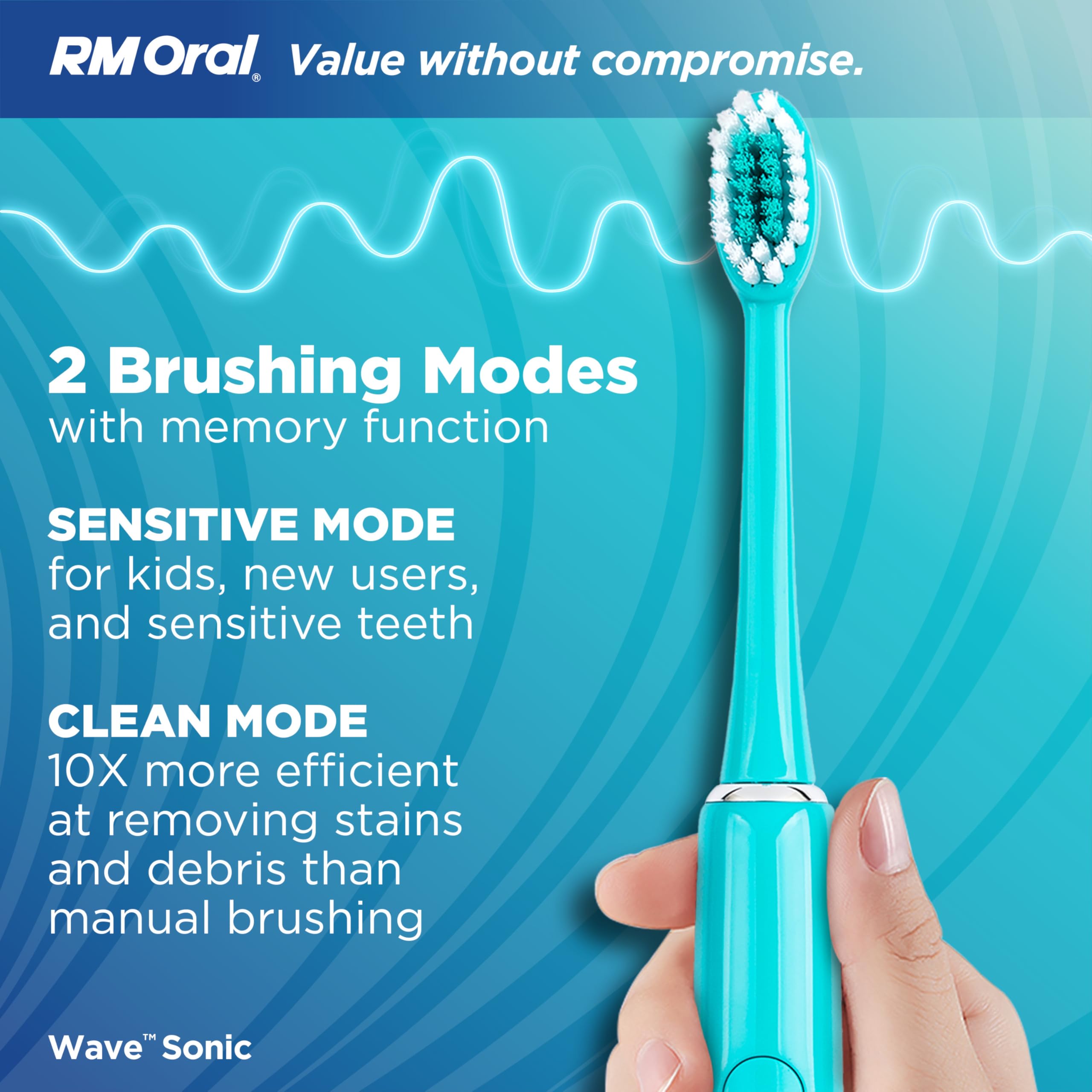 RM Oral Wave Sonic Akku Zahnbürste mit weichen Borsten und Reisekoffer 56.000 Schallschwingungen für sauber und empfindlich, Bleichen und Plaque entfernen, 2 Minuten Timer