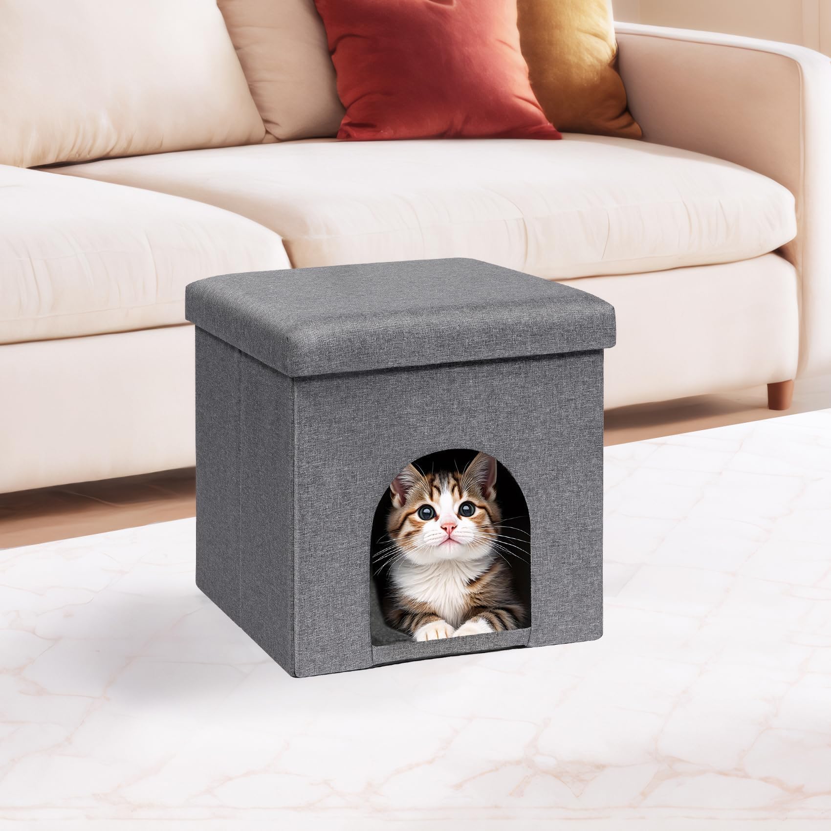 PINPLUS Maison pour Chat avec Coussin, Tabouret Pliable pour Chats, Cube Stable avec Couvercle Amovible, Cachette Confortable pour Dormir et Jouer